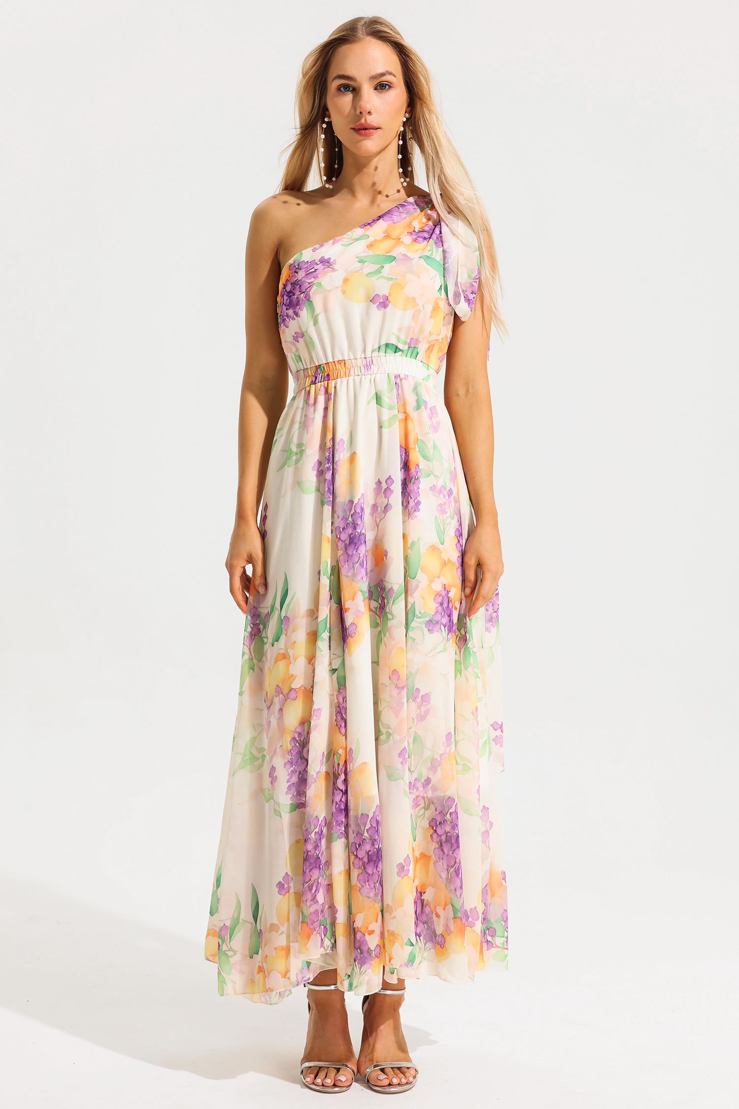 Floral One Shoulder Sleeveless Hight Waist Maxi Dress