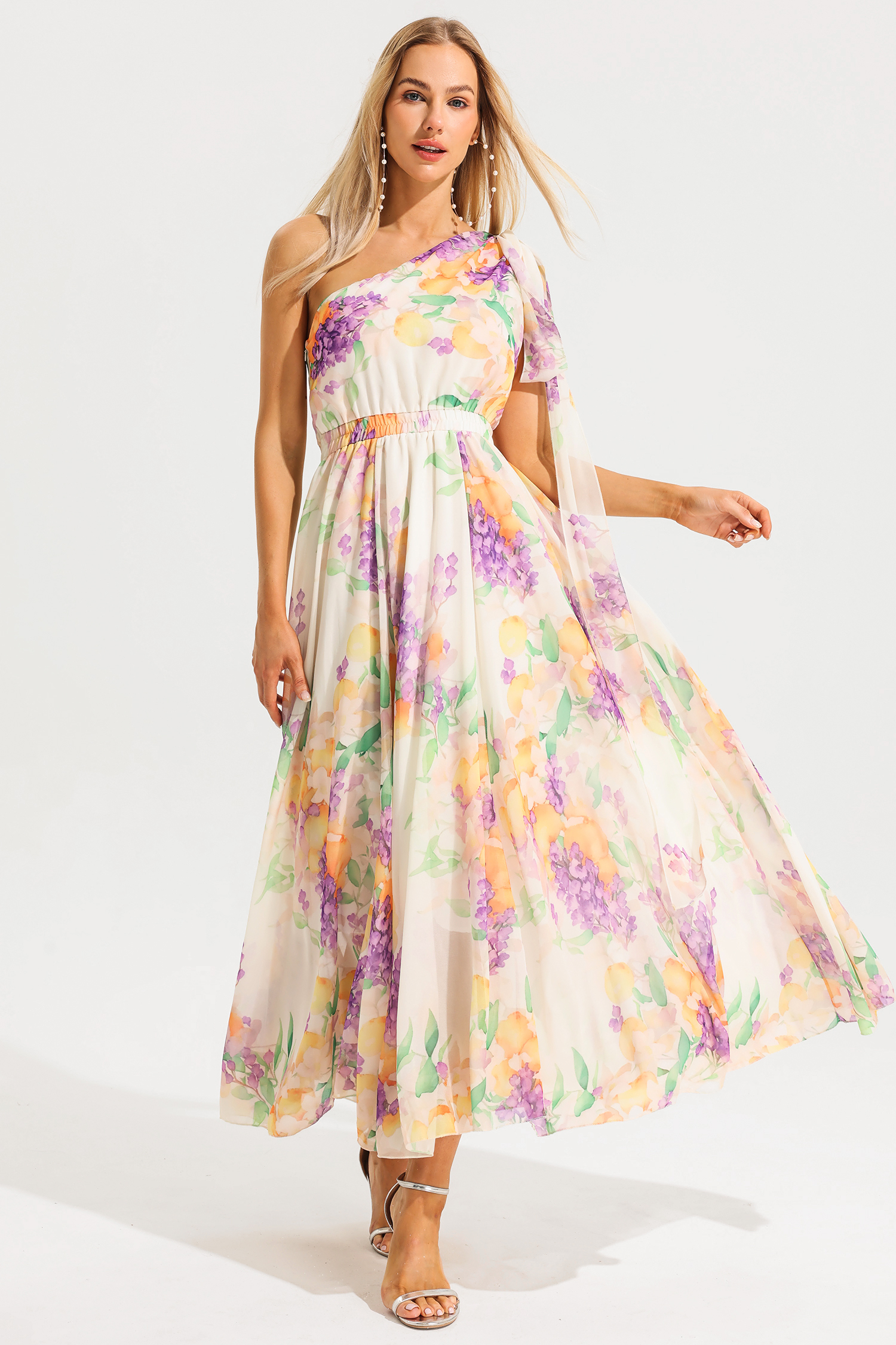 Floral One Shoulder Sleeveless Hight Waist Maxi Dress