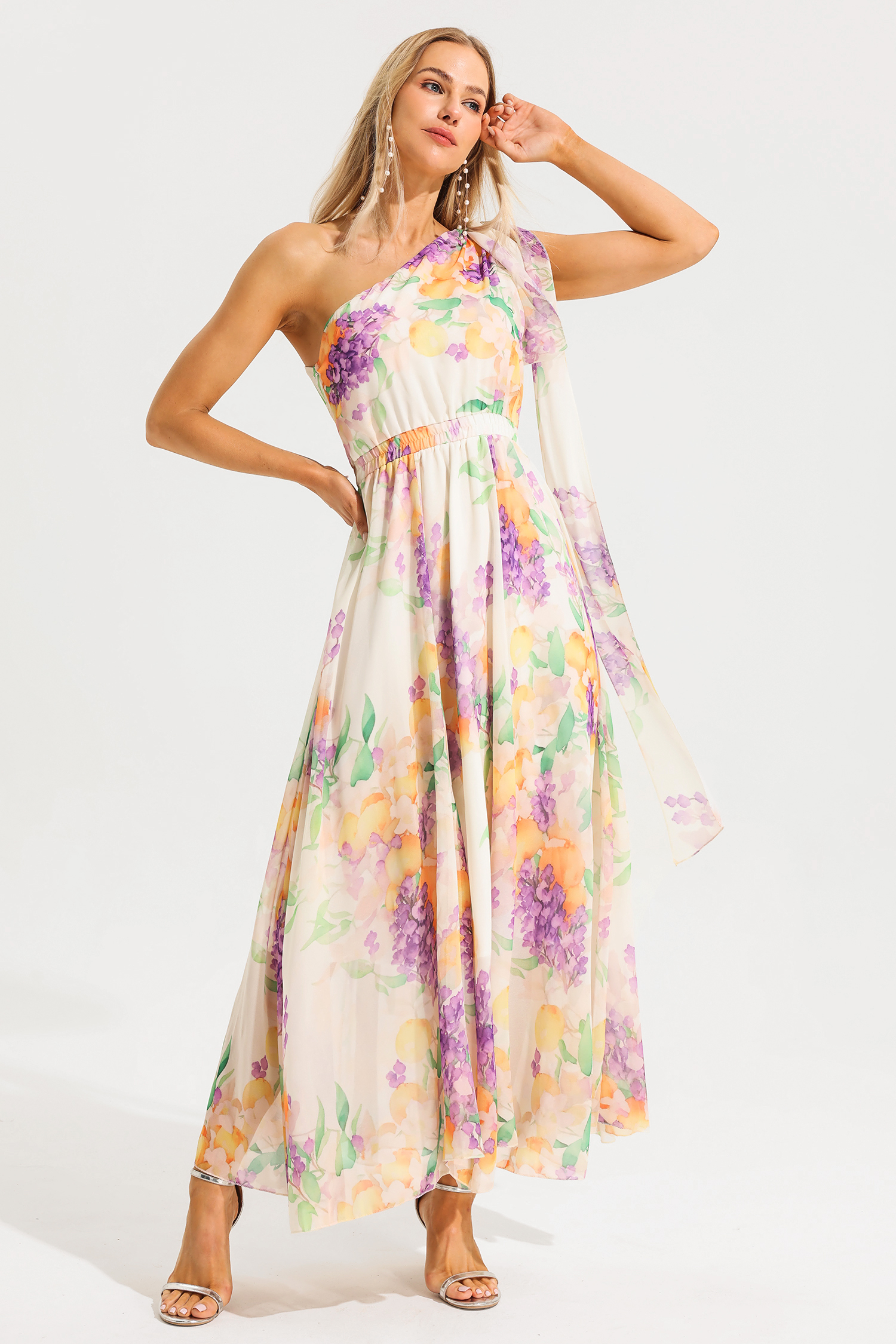 Floral One Shoulder Sleeveless Hight Waist Maxi Dress