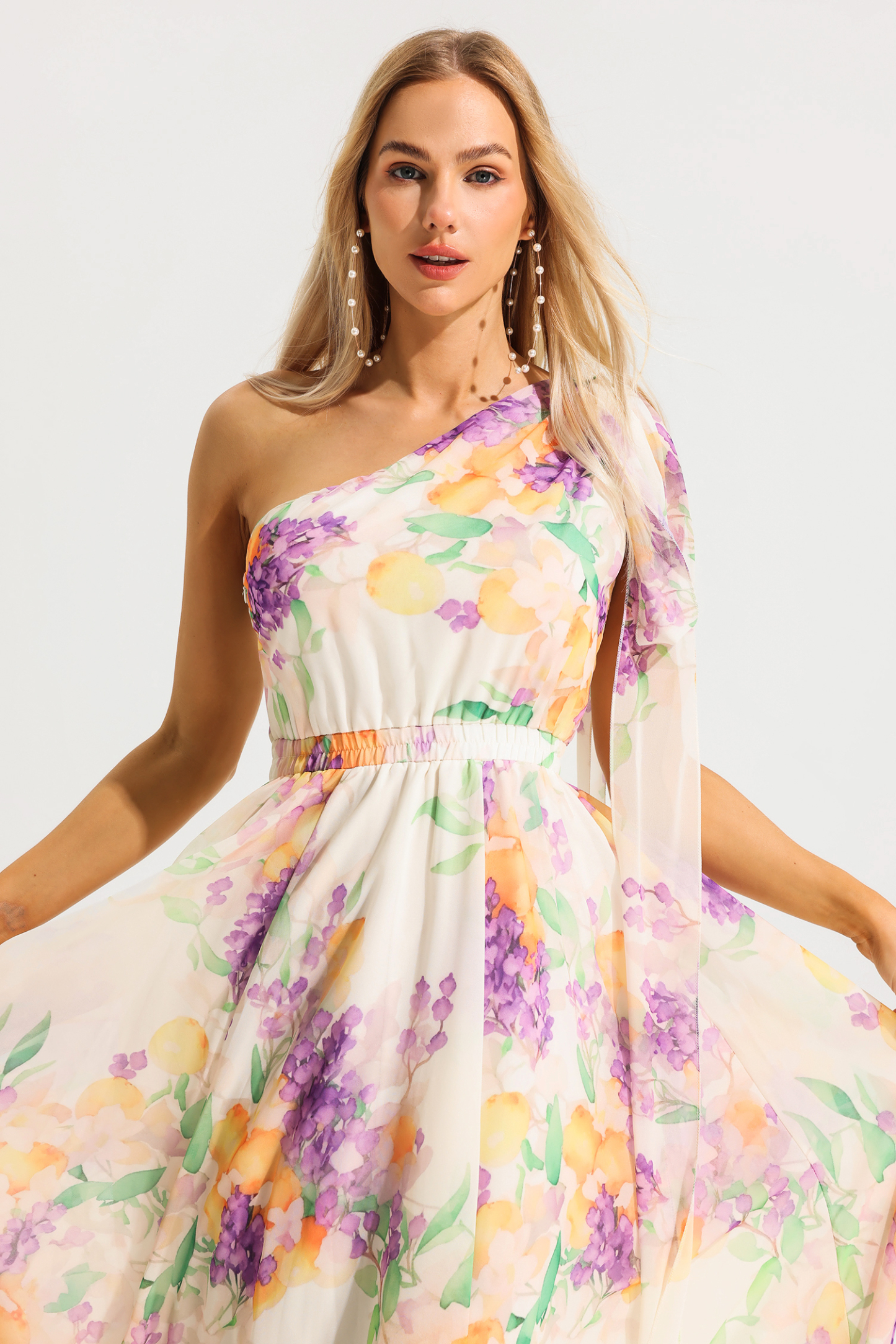 Floral One Shoulder Sleeveless Hight Waist Maxi Dress