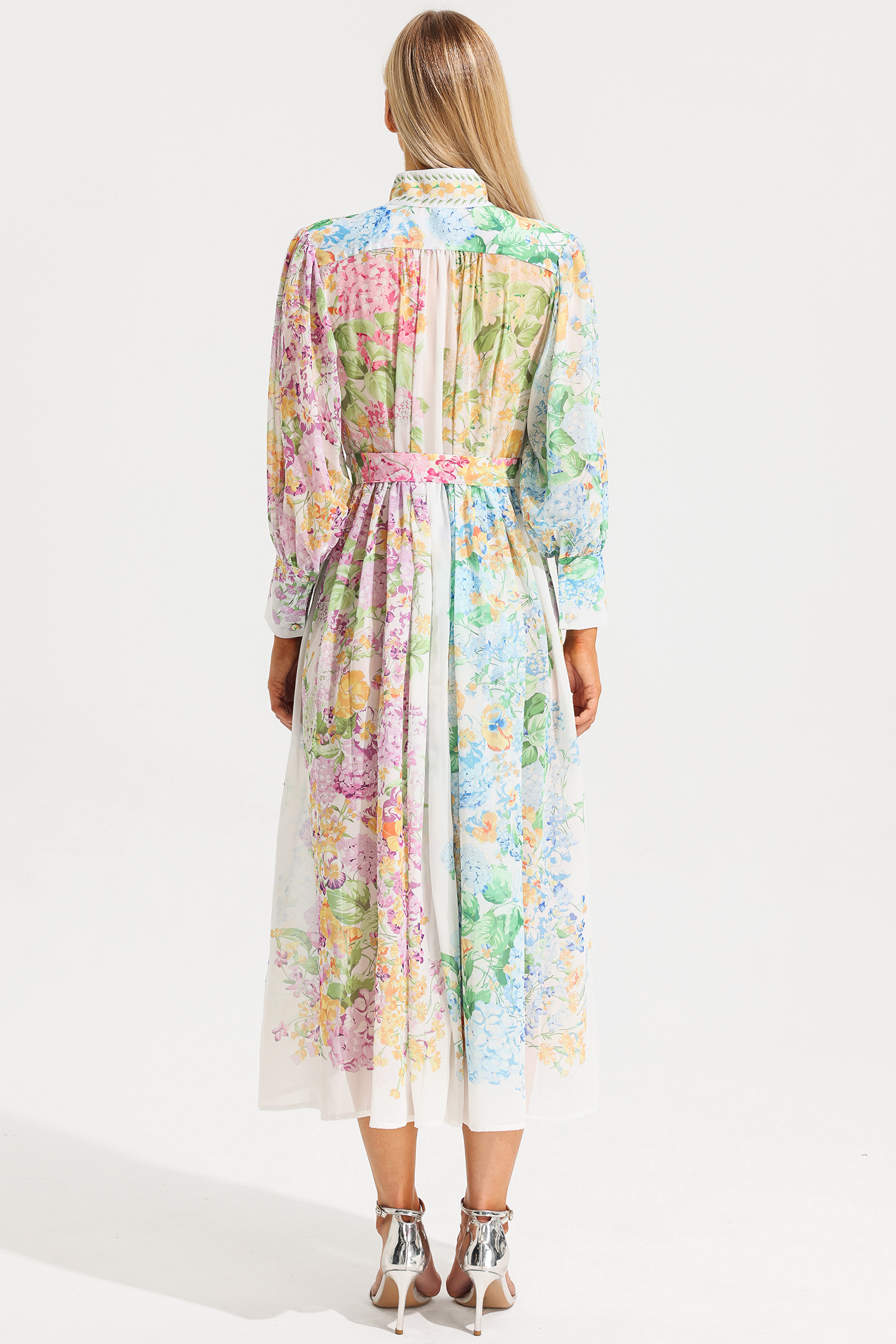 Floral Long Sleeves Midi Dress With Belt