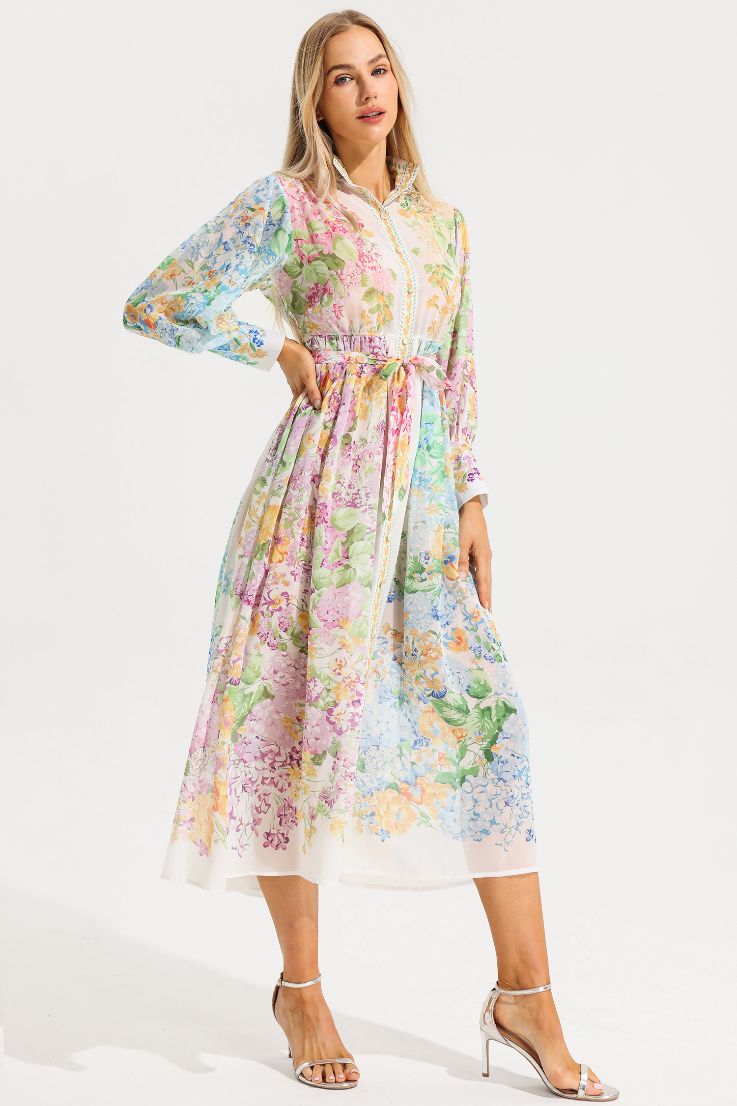 Floral Long Sleeves Midi Dress With Belt