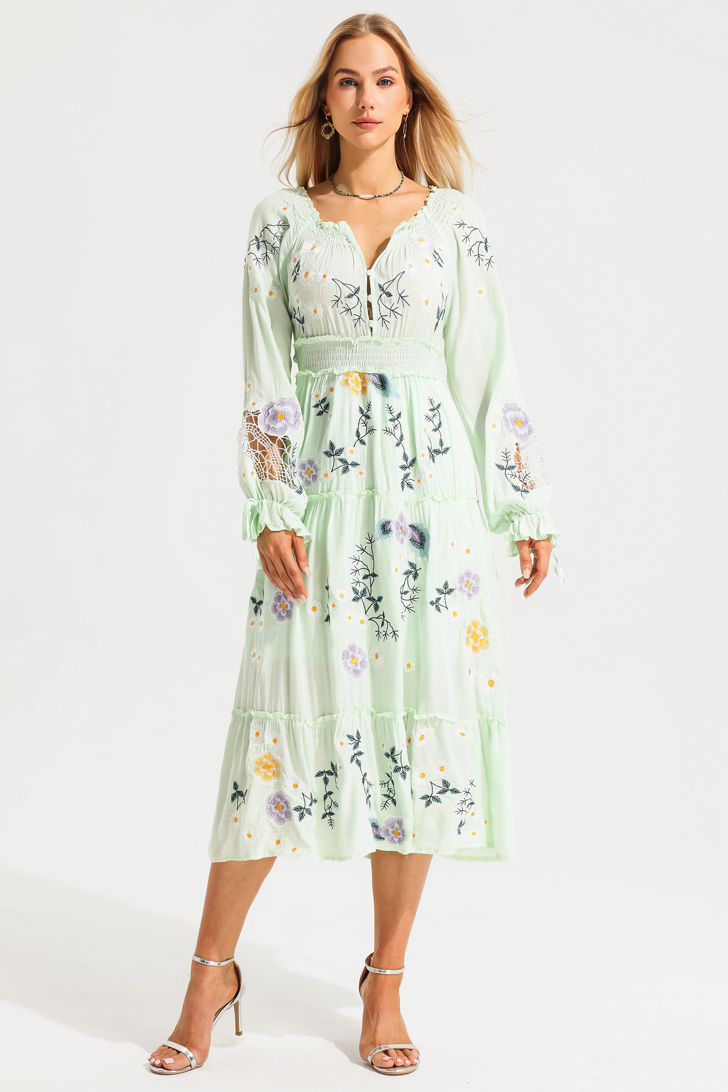 V-Neck Long Sleeve Embroidery Maxi Dress