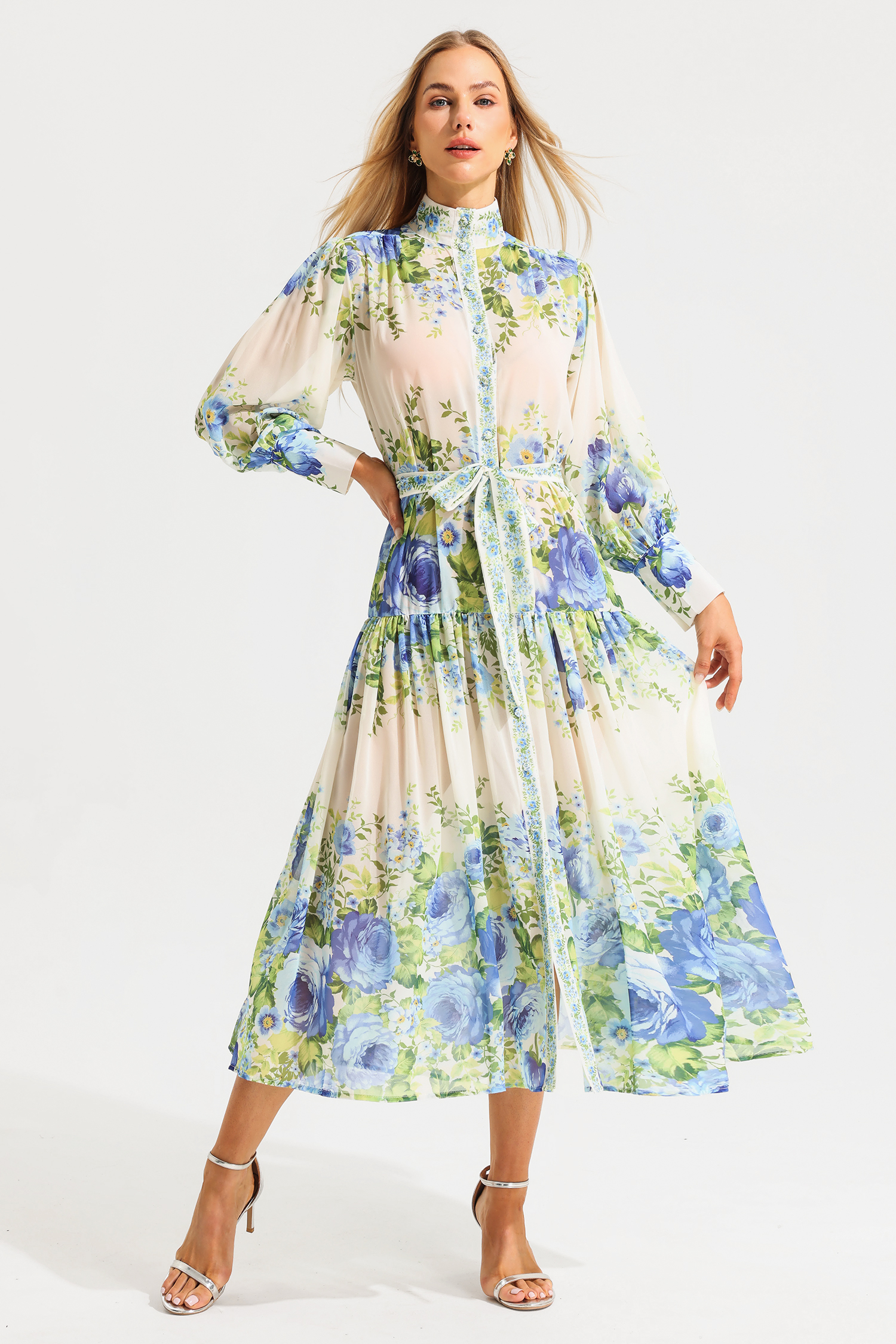 Floral High Neckline Long Sleeve Maxi Dress