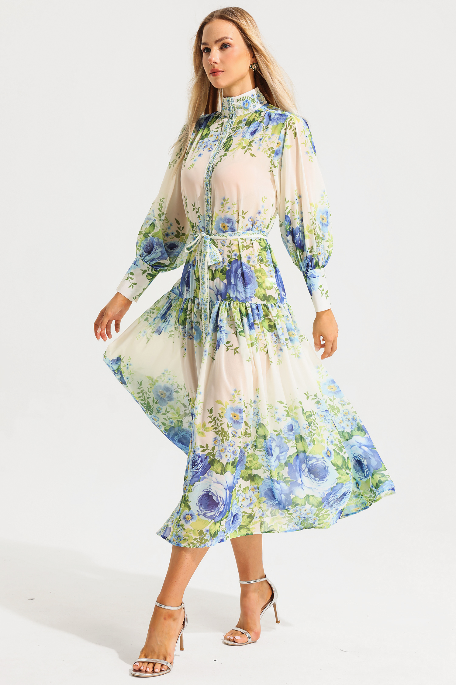 Floral High Neckline Long Sleeve Maxi Dress