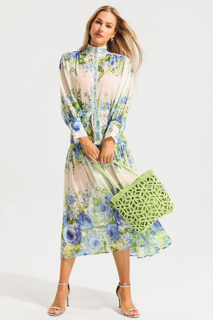 Floral High Neckline Long Sleeve Maxi Dress