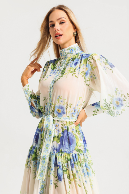 Floral High Neckline Long Sleeve Maxi Dress