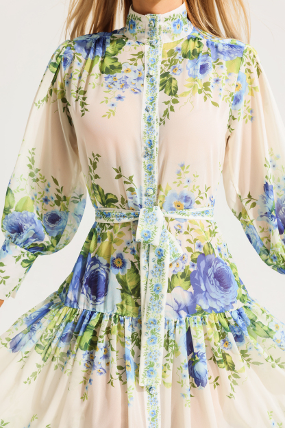 Floral High Neckline Long Sleeve Maxi Dress