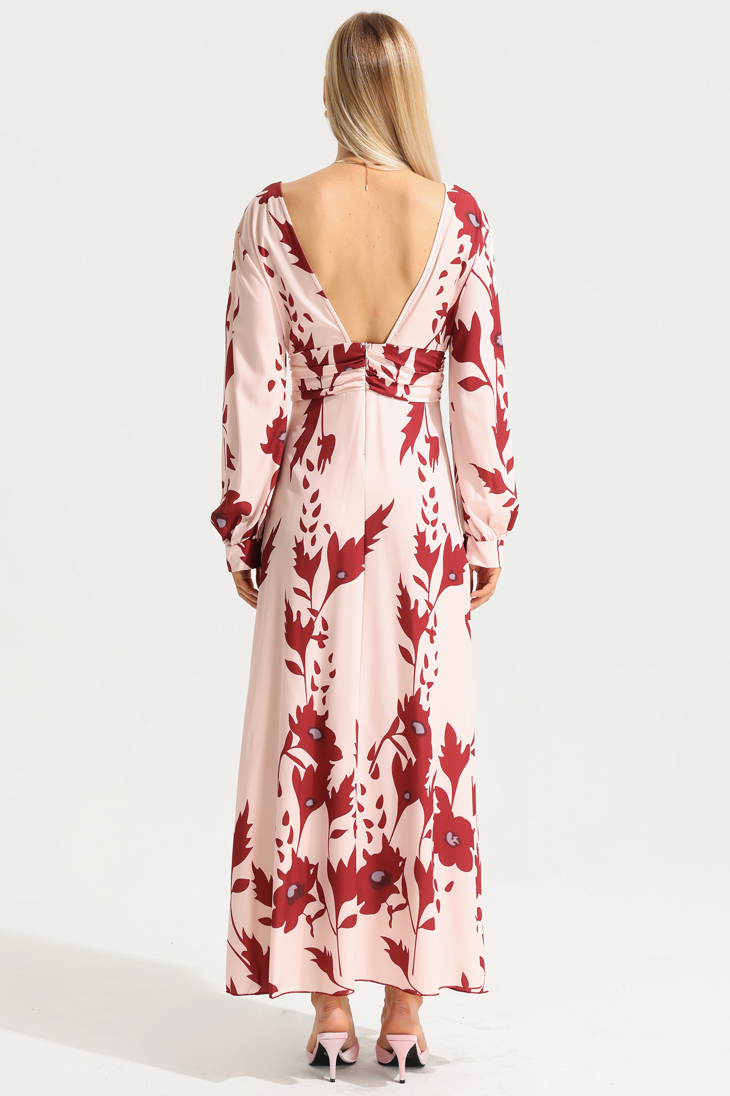 Floral V-Neck Lantern Sleeve Maxi Dress