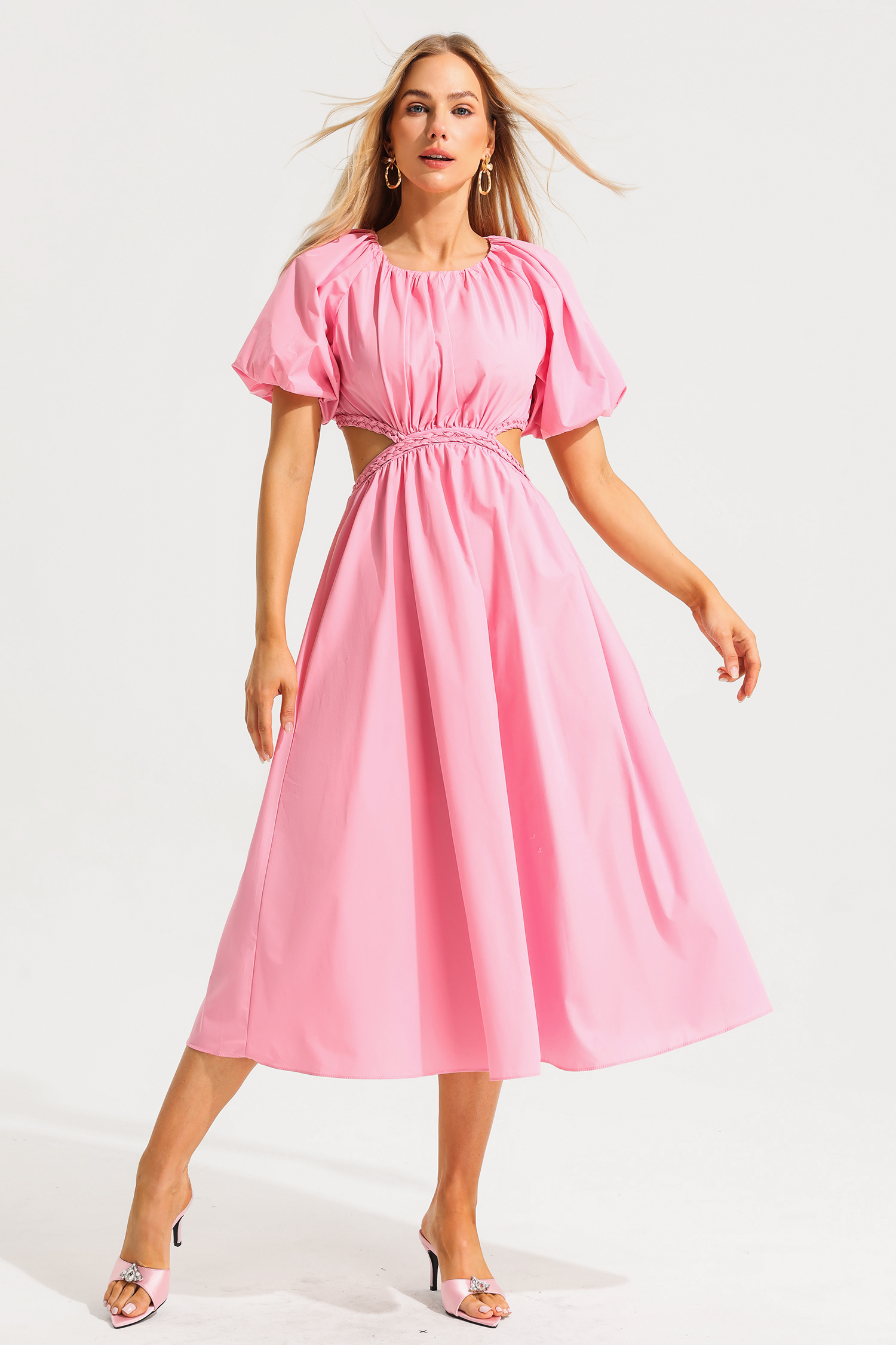 Capucine Puff Sleeve Midi Dress Pink