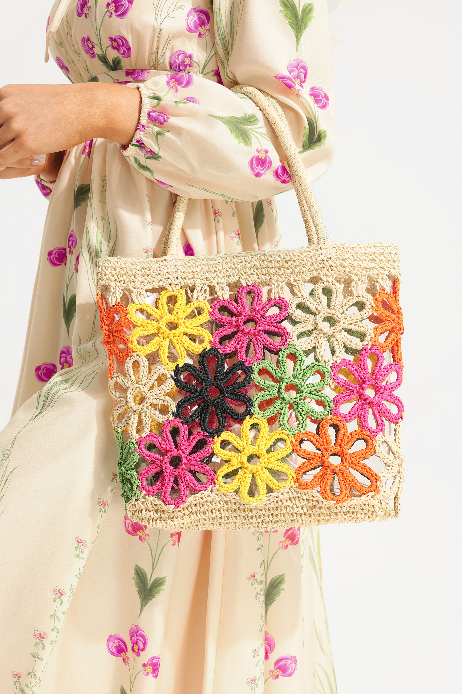 Floral Straw Woven Shoulder Bag