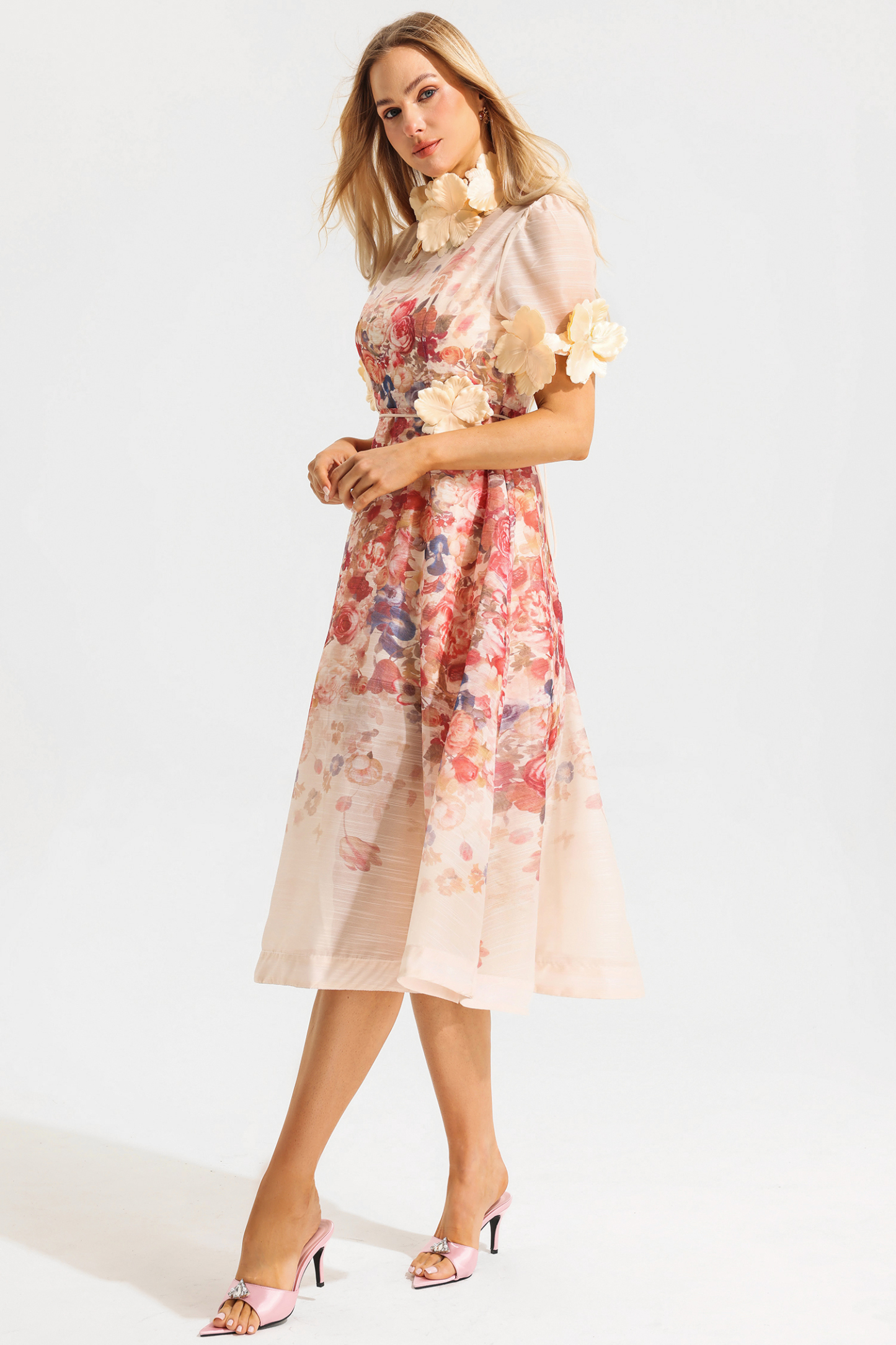 Floral Round Neck Lace Up Short Sleeve Midi Dress