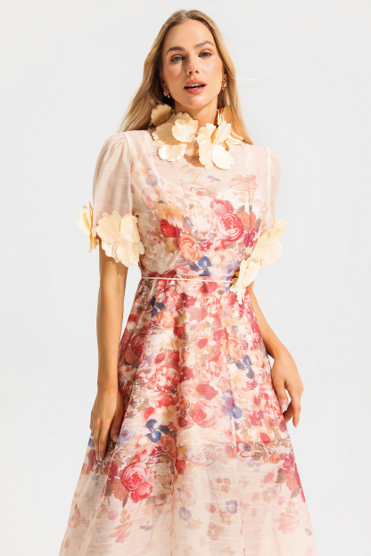 Floral Round Neck Lace Up Short Sleeve Midi Dress