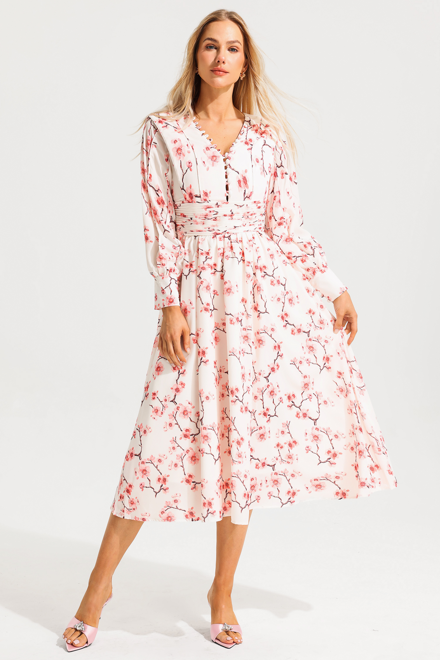 Floral Long Sleeve Single Breasted Midi Dress