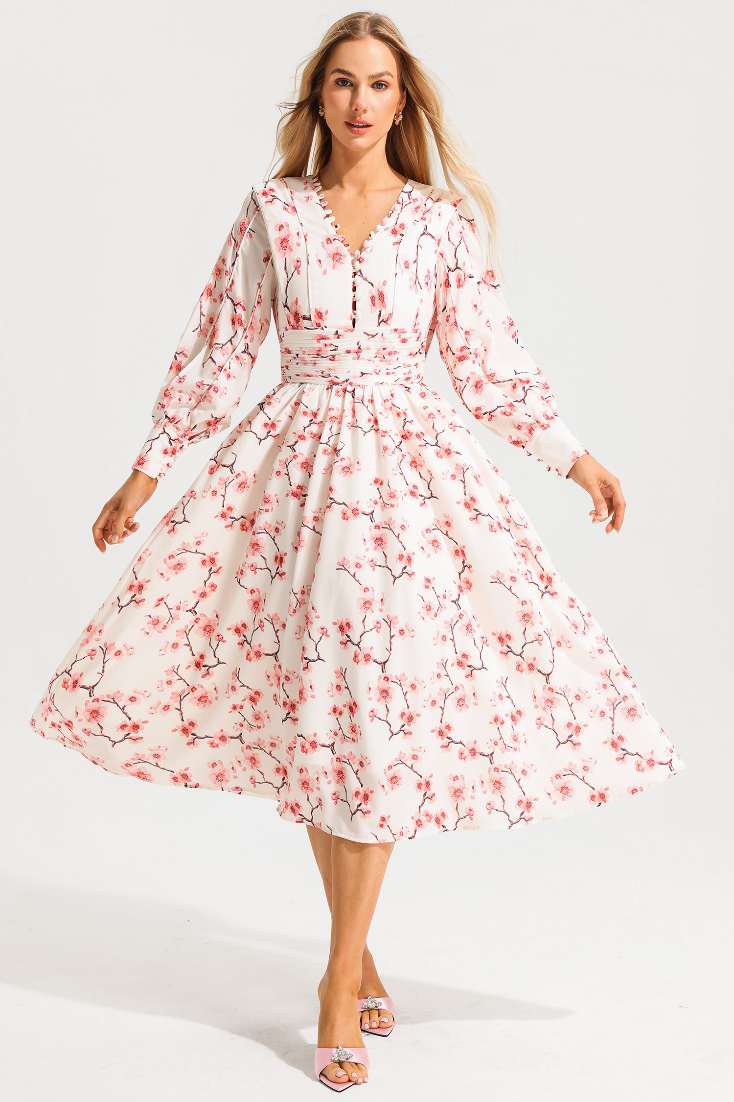 Floral Long Sleeve Single Breasted Midi Dress