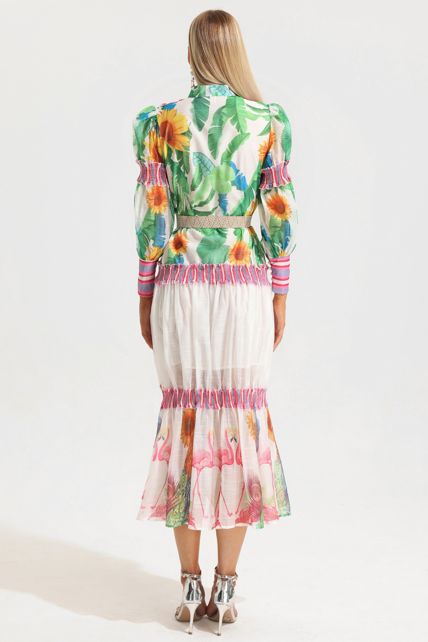 Flipped Collar Lantern Sleeve Waist Tie Floral Print Maxi Dress