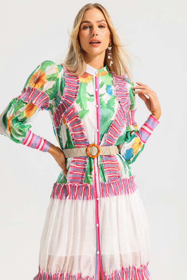 Floral Lantern Sleeve Lapel Buckle Maxi Dress