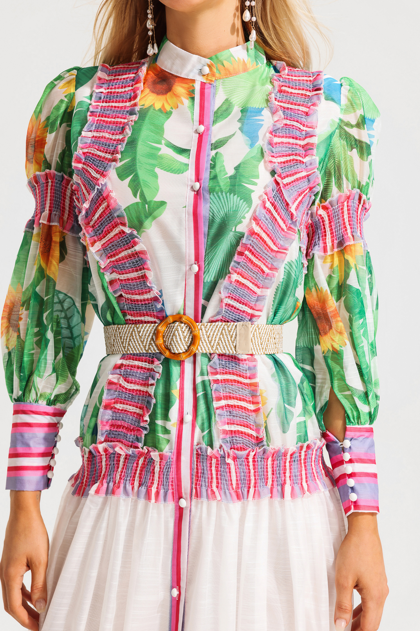 Floral Lantern Sleeve Stand Collar Ruffle Maxi Dress