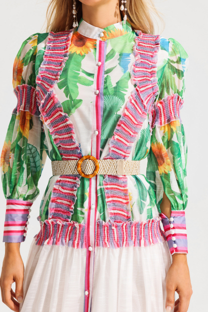 [Copy]Floral Lantern Sleeve Stand Collar Ruffle Maxi Dress