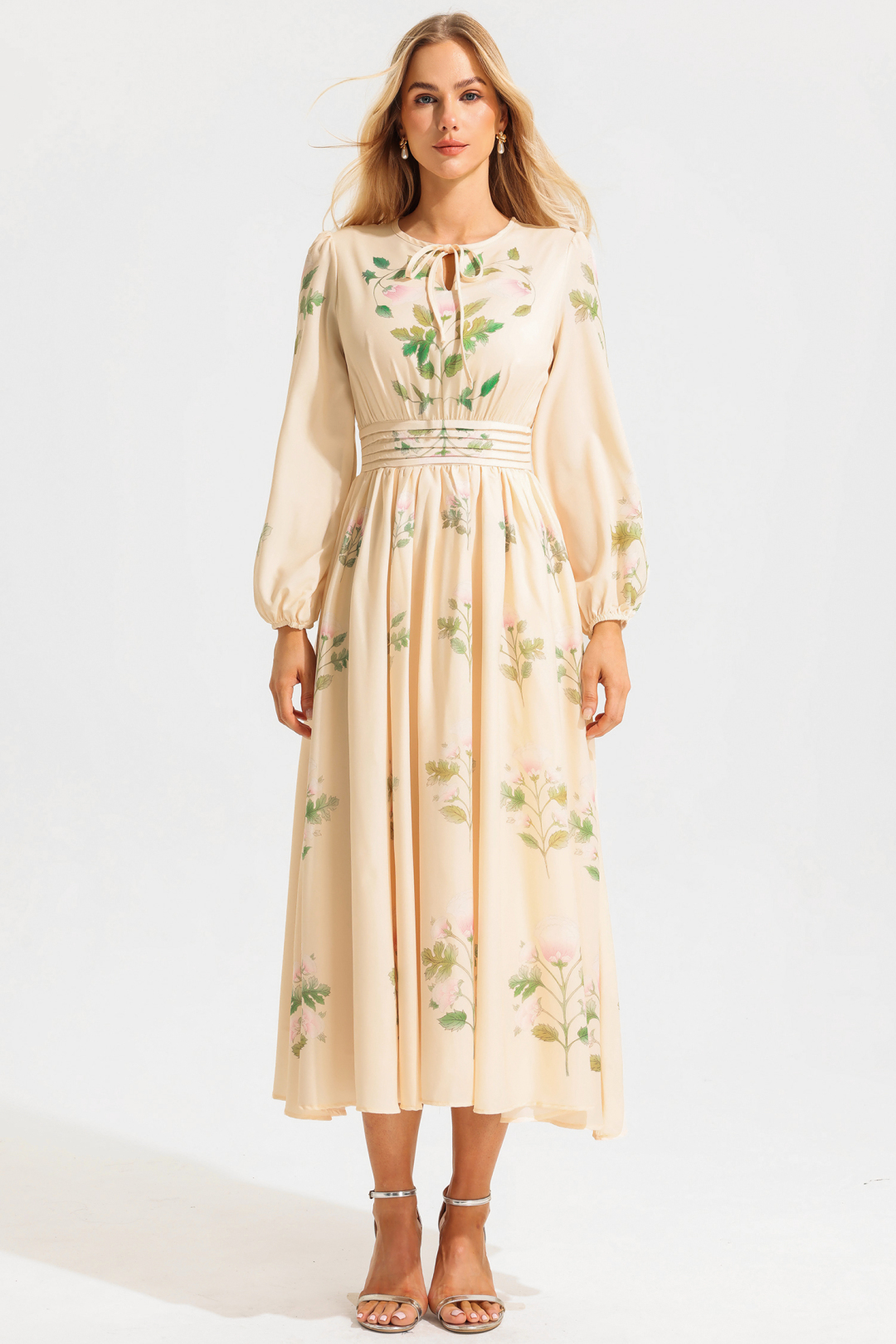 Women's Maxi Dress - Floral Print - V-neck with Ruffles - Long Sleeves - Fitted Waist