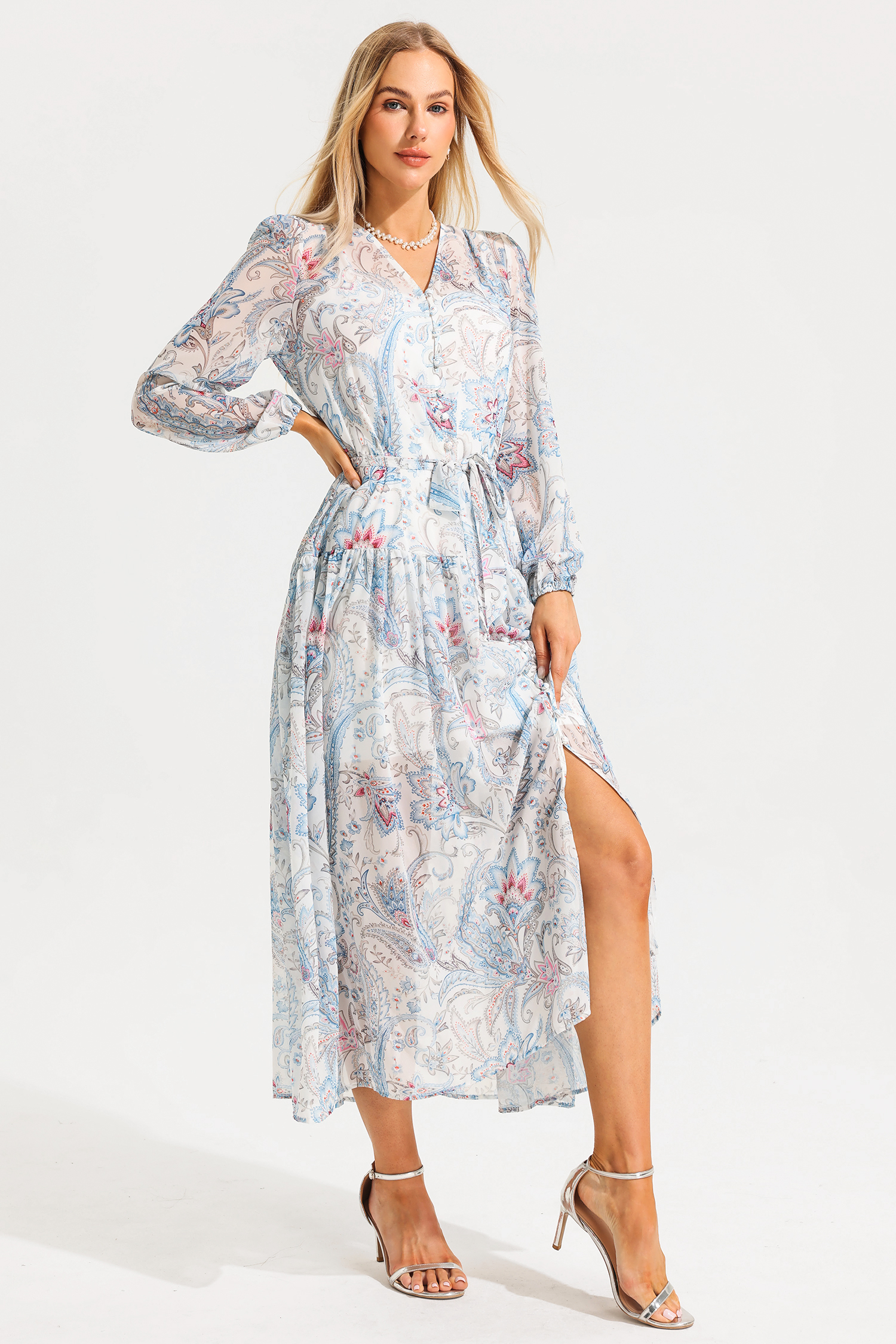 Floral V-Neck Shirt Sleeve Split Midi Dress