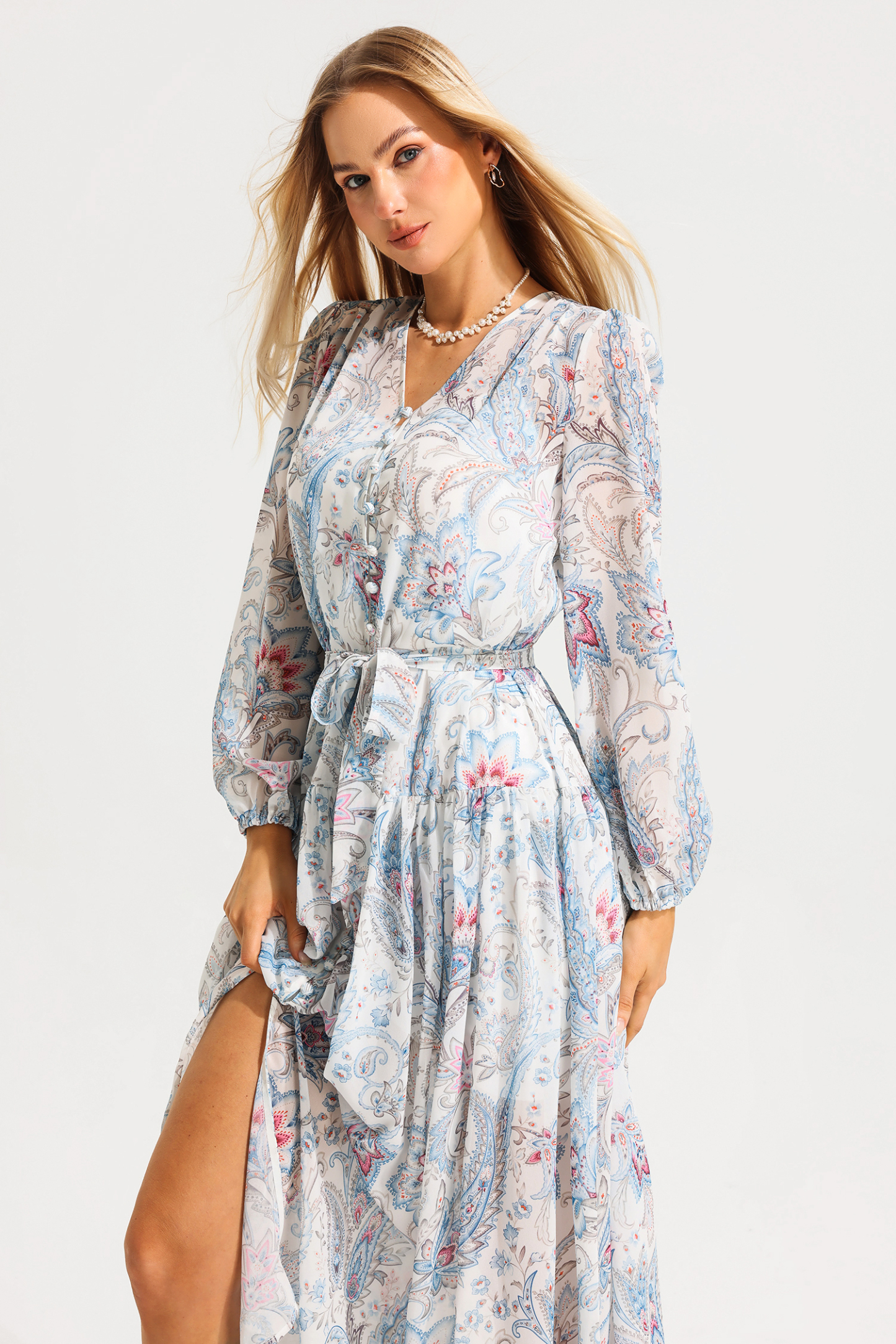 Floral V-Neck Shirt Sleeve Split Midi Dress
