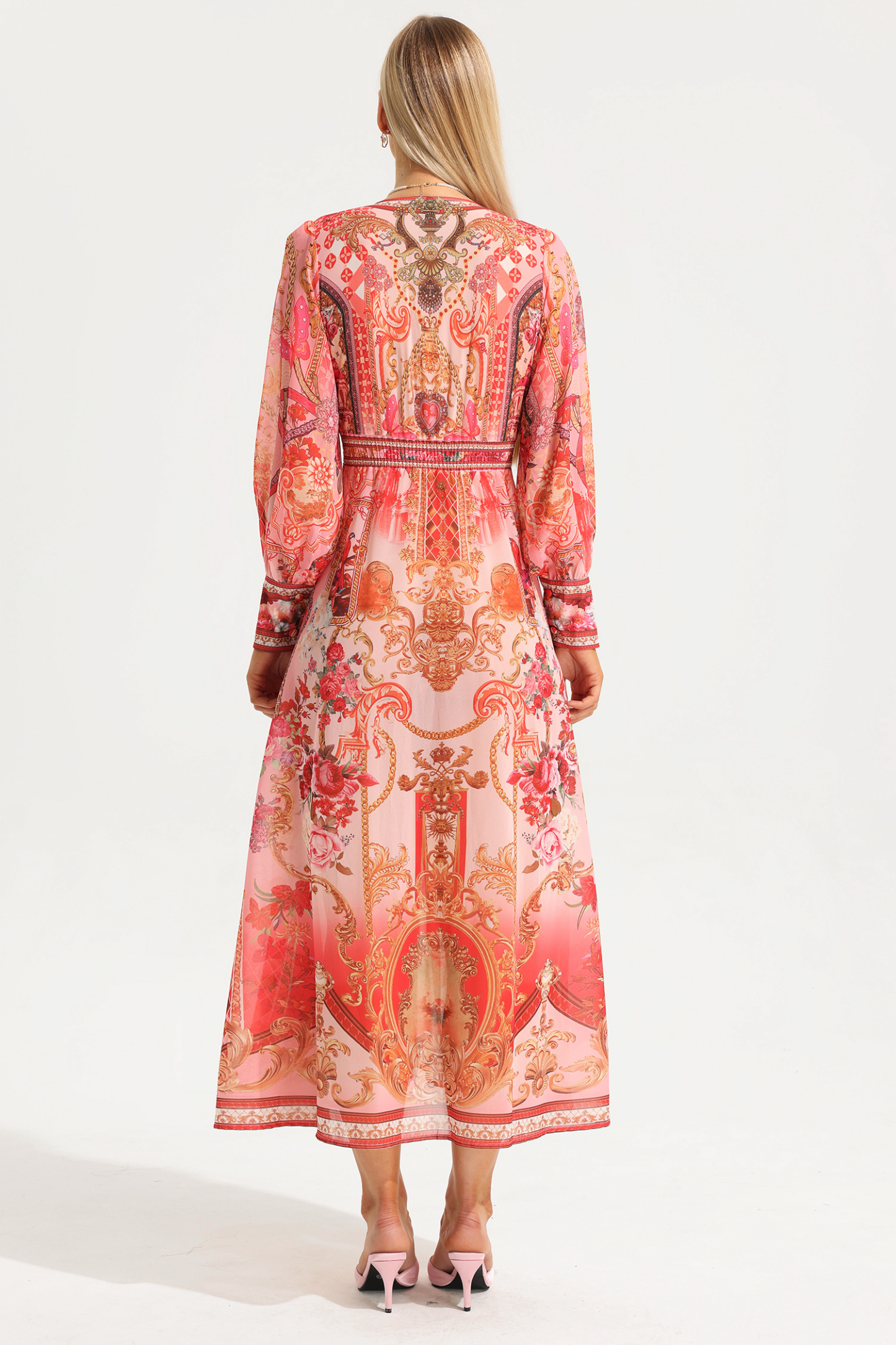 Paisley Print V-Neck Lantern Sleeve Midi Dress