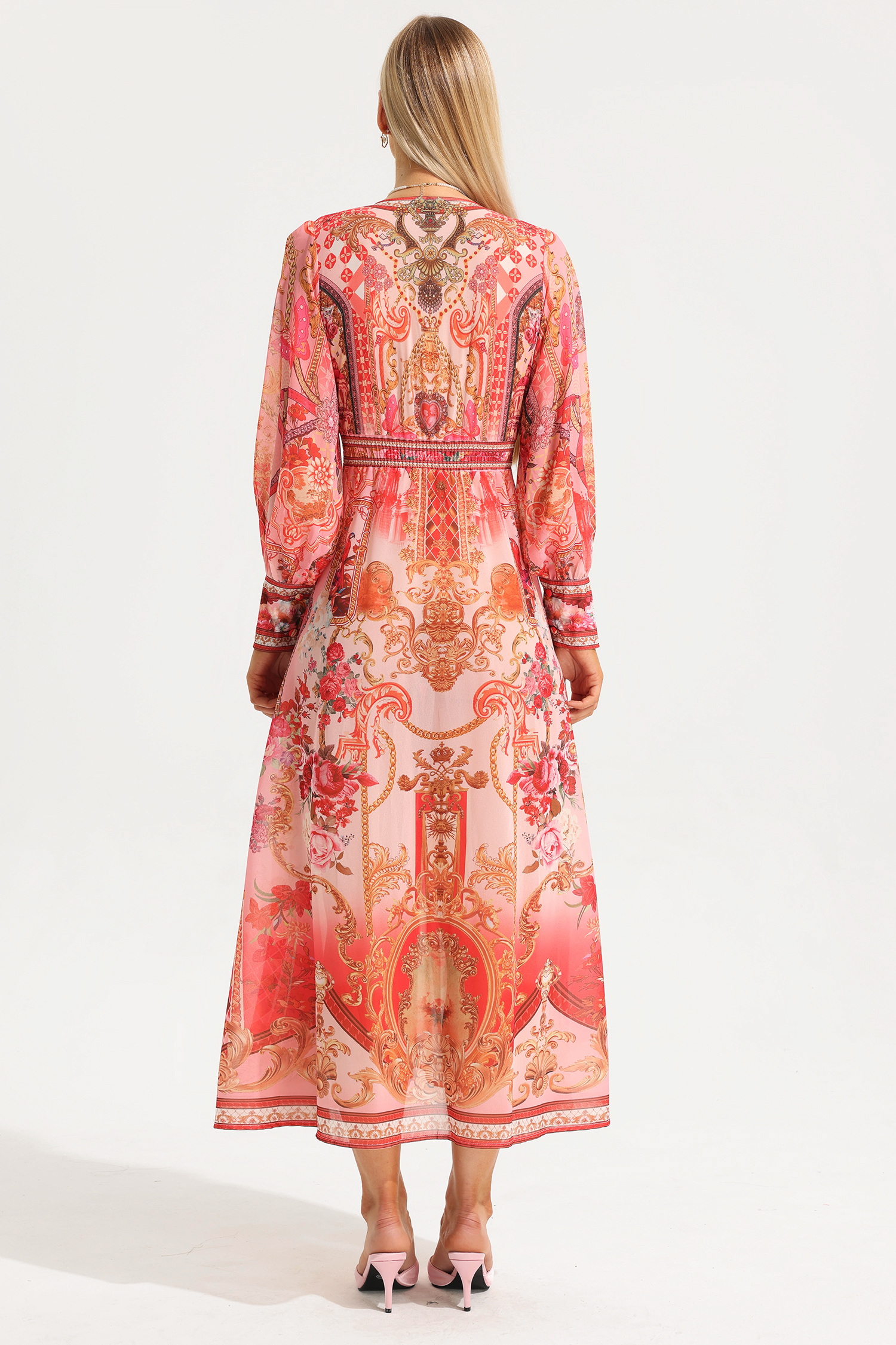 Paisley Print V-Neck Lantern Sleeve Midi Dress