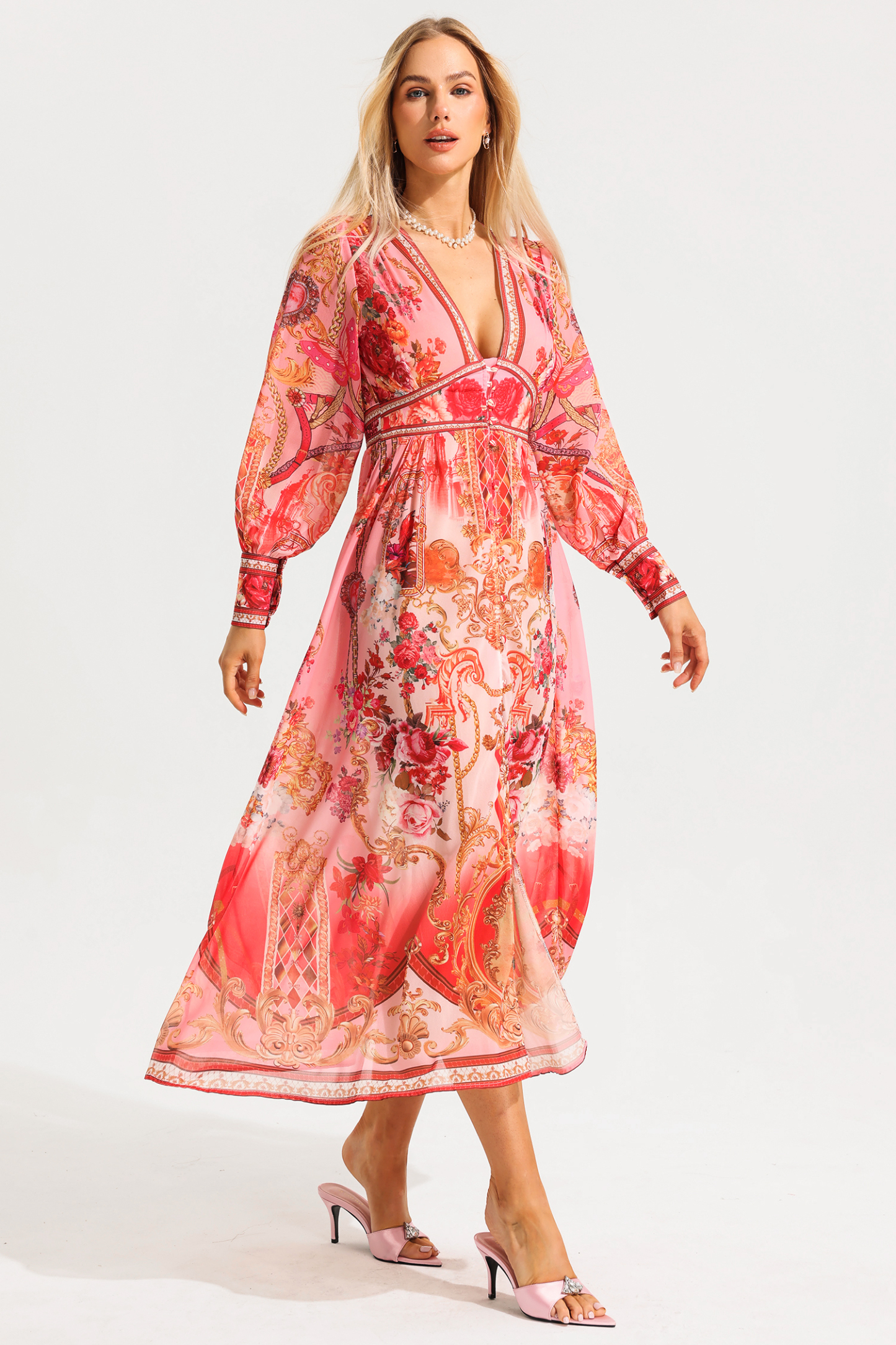 Paisley Print V-Neck Lantern Sleeve Midi Dress