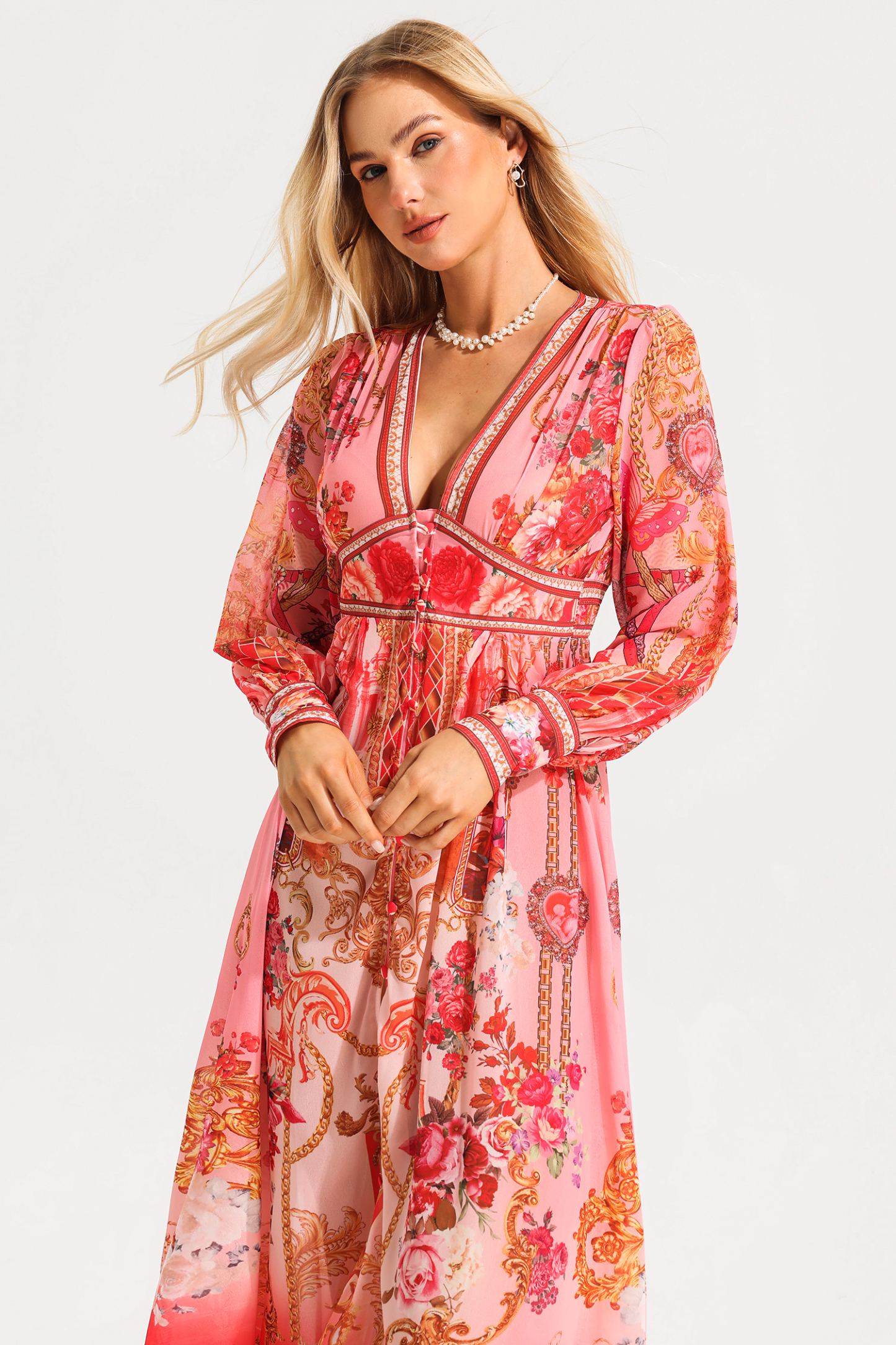 Paisley Print V-Neck Lantern Sleeve Midi Dress