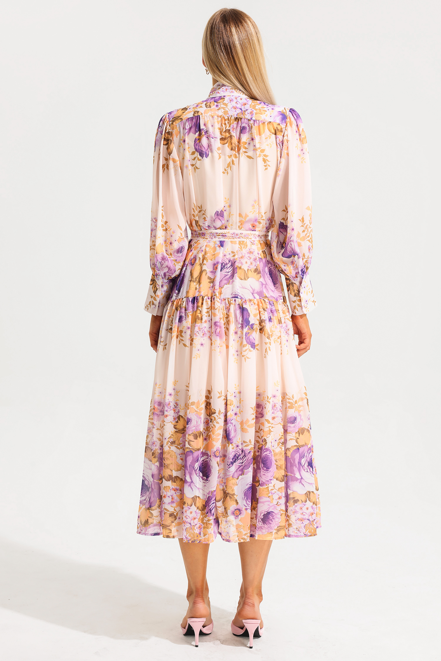 Floral Stand Collar Puff Sleeve Maxi Dress
