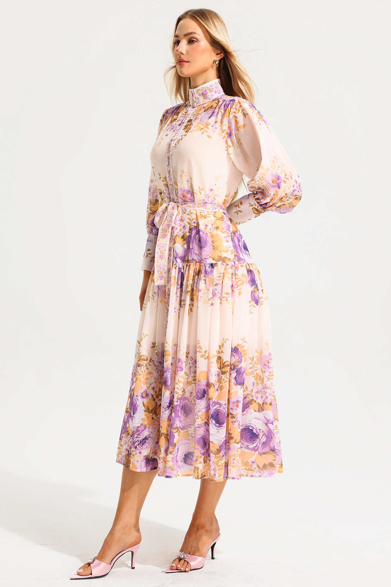 Floral Stand Collar Puff Sleeve Maxi Dress