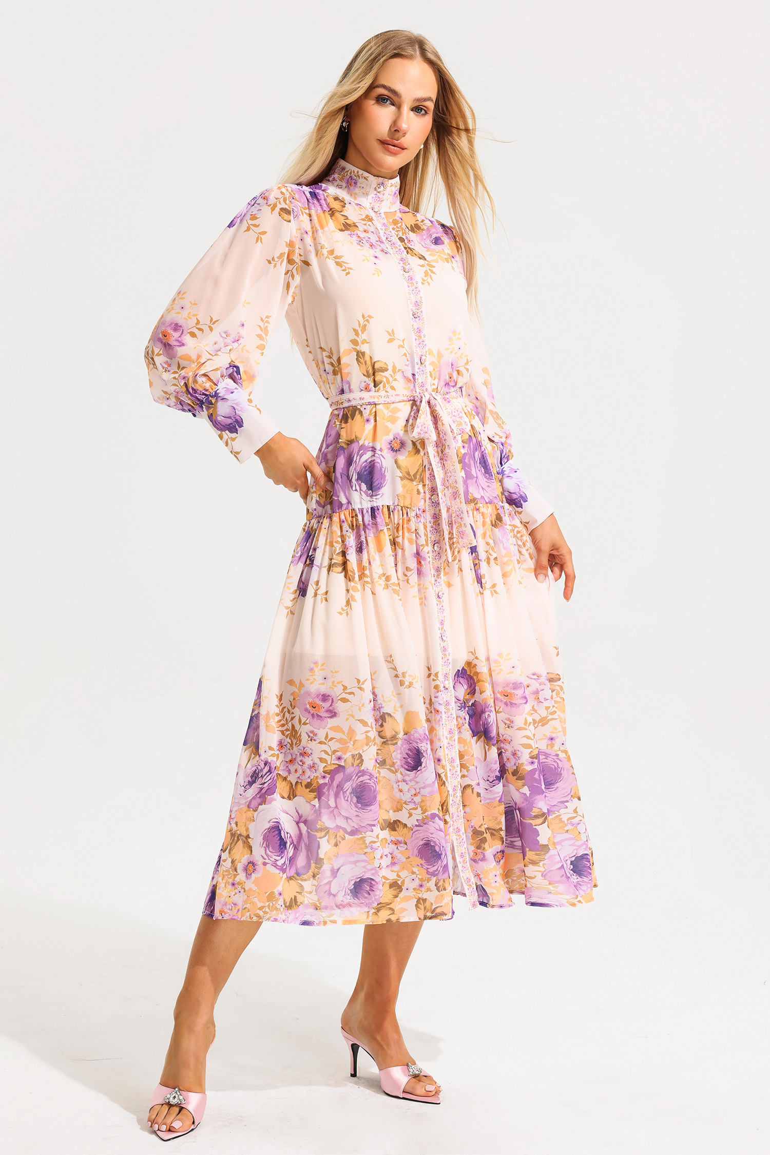 Floral Stand Collar Puff Sleeve Maxi Dress
