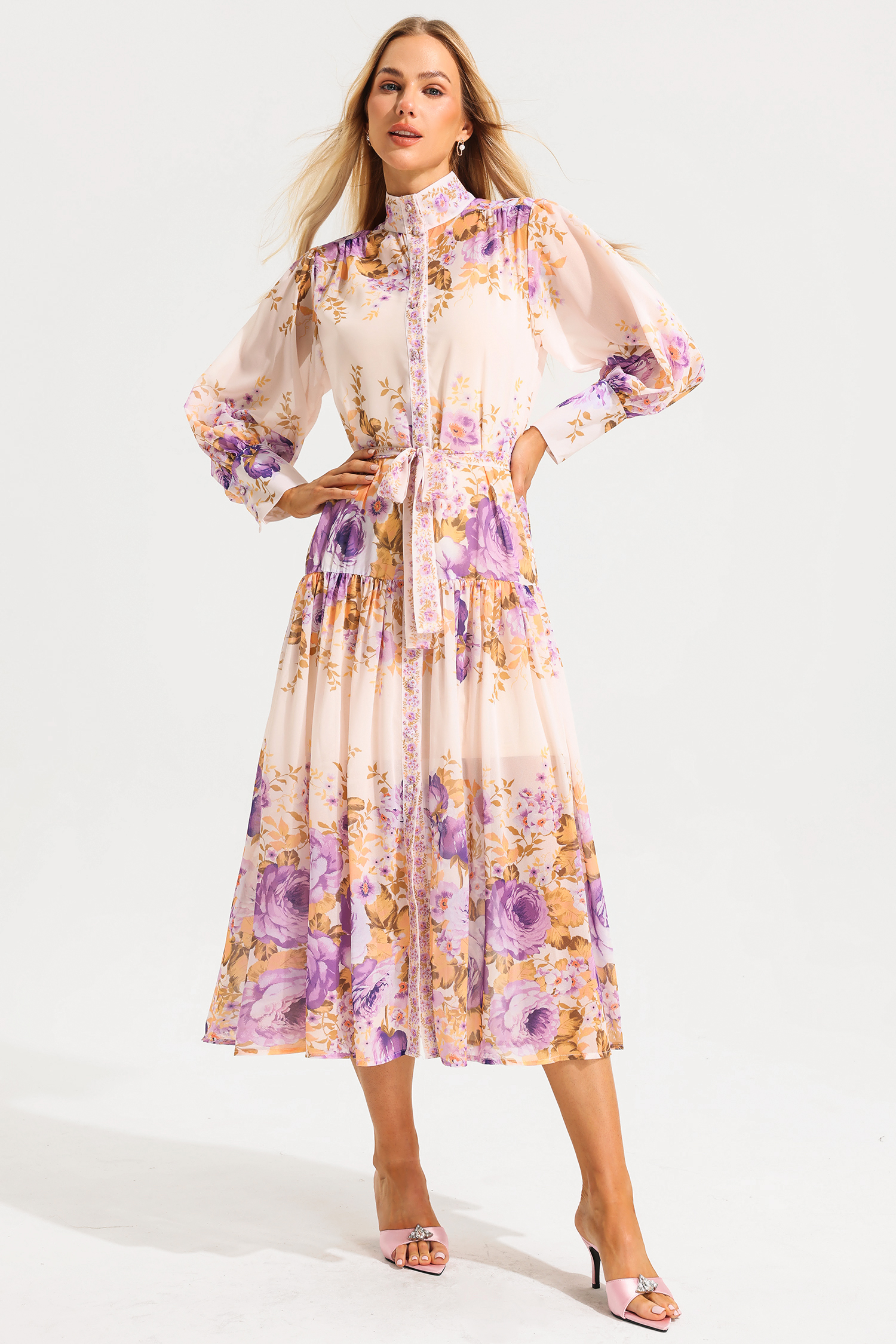 Floral Stand Collar Puff Sleeve Maxi Dress