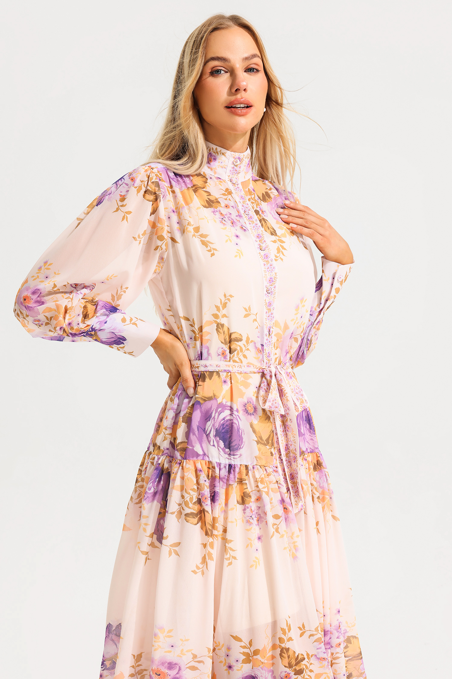 Floral Stand Collar Puff Sleeve Maxi Dress