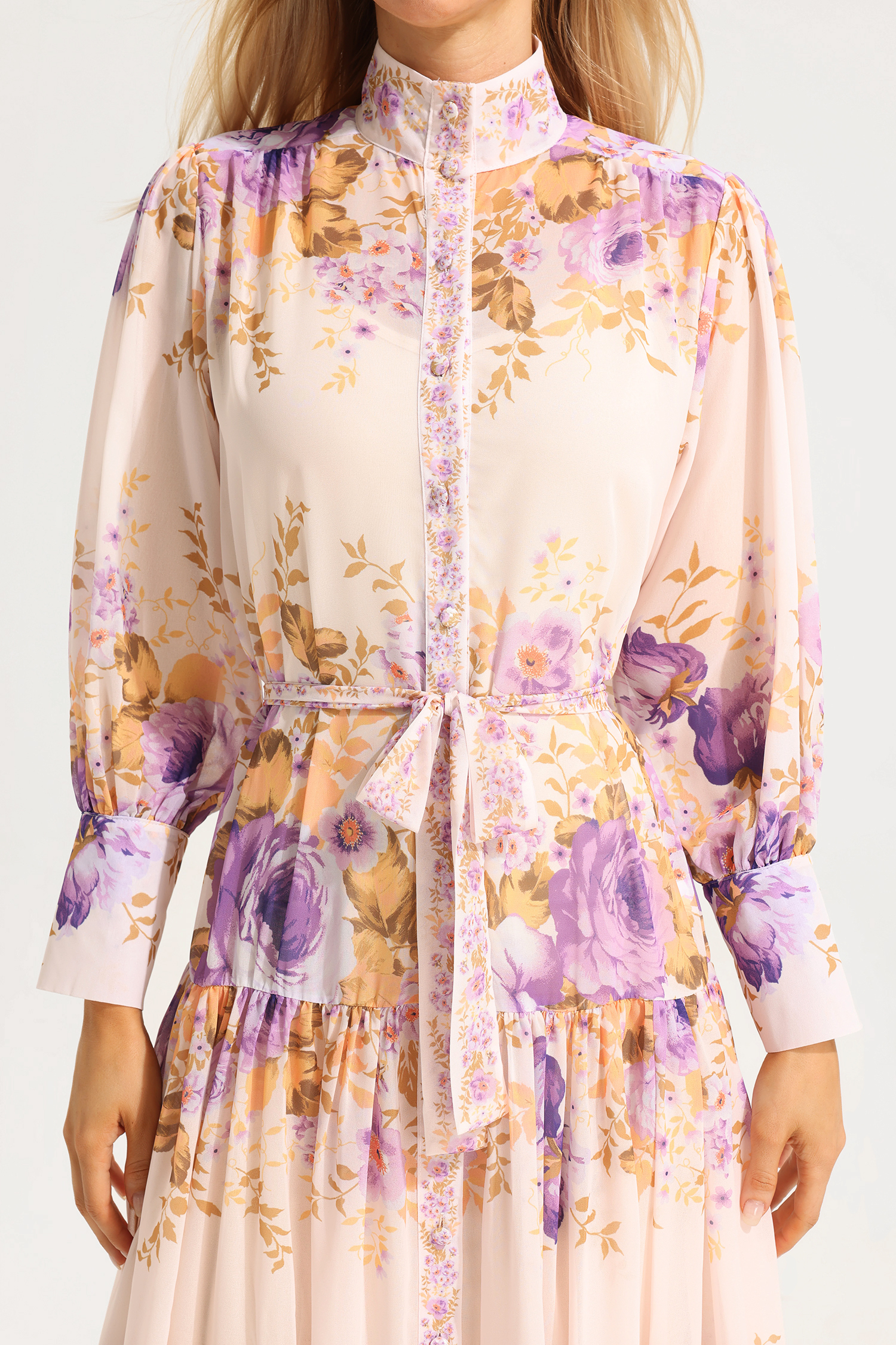 Floral Stand Collar Puff Sleeve Maxi Dress