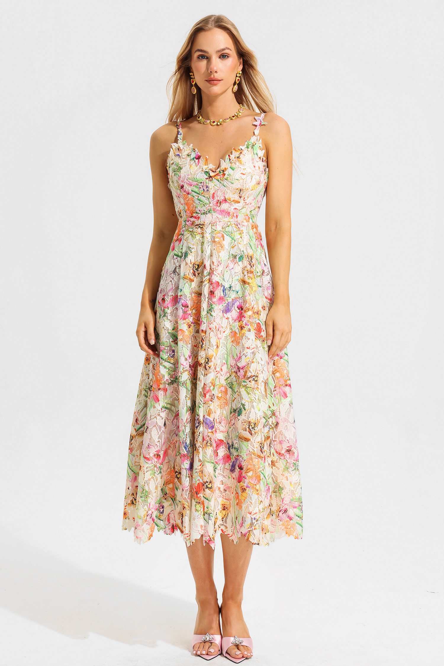 Violet Floral Embroidered Lace Midi Dress