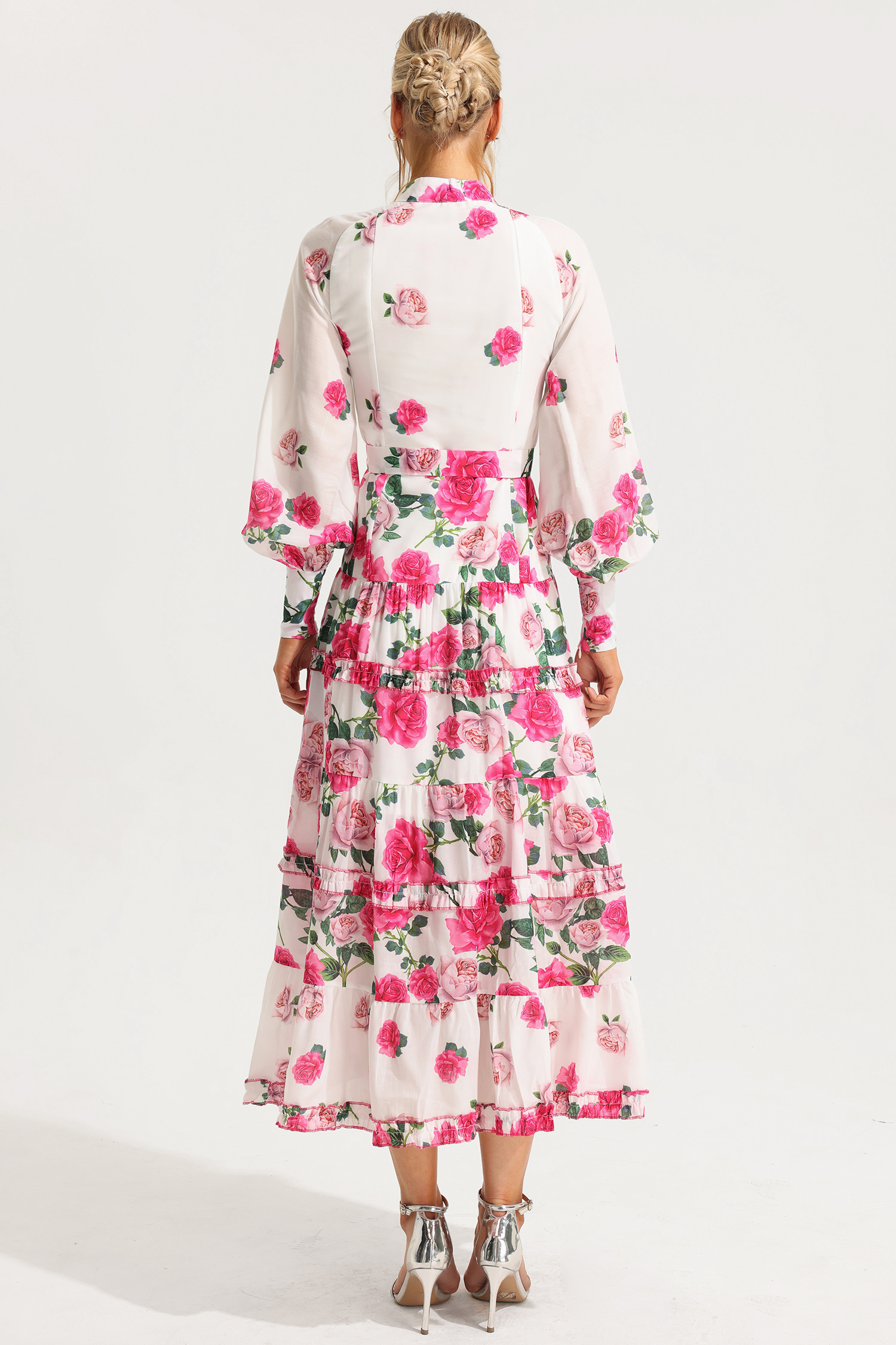 Floral Stand Collar Lantern Sleeve Midi Dress With  Belt