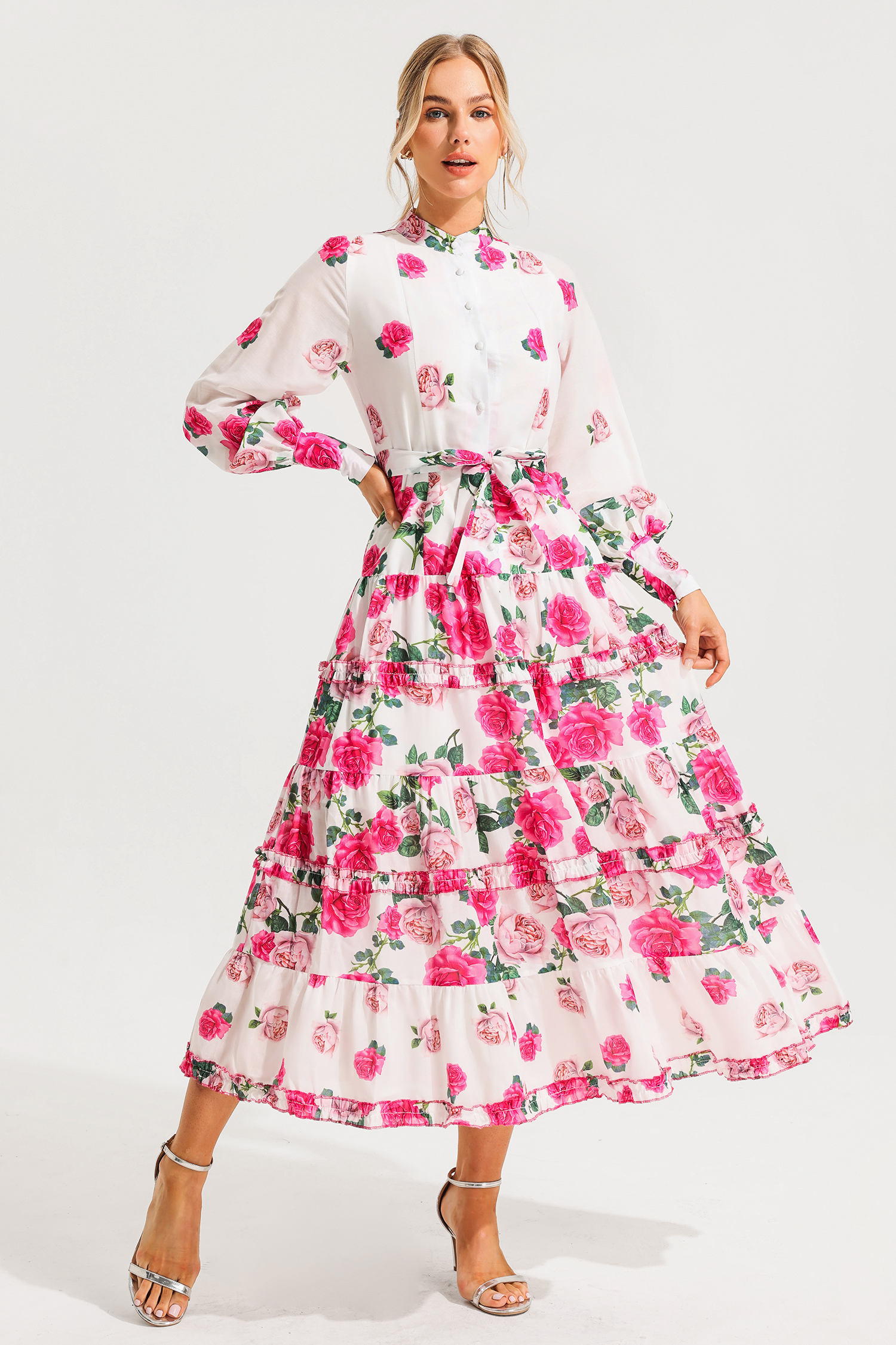 Floral Stand Collar Lantern Sleeve Midi Dress With  Belt