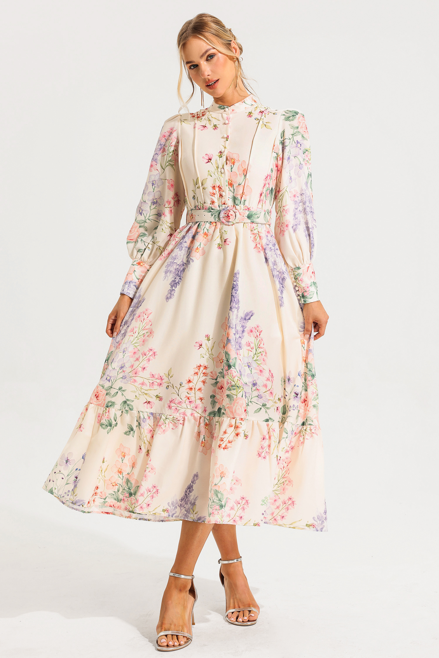 Floral Long Sleeve Maxi Dress With Belt