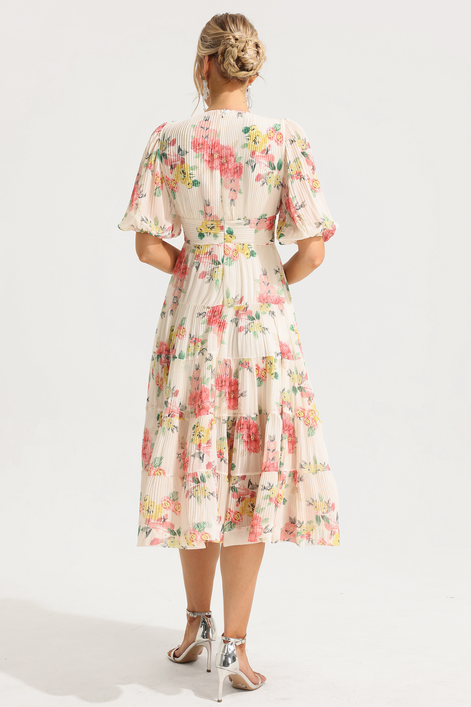 Floral Puff-Sleeve Pleat Midi Dress