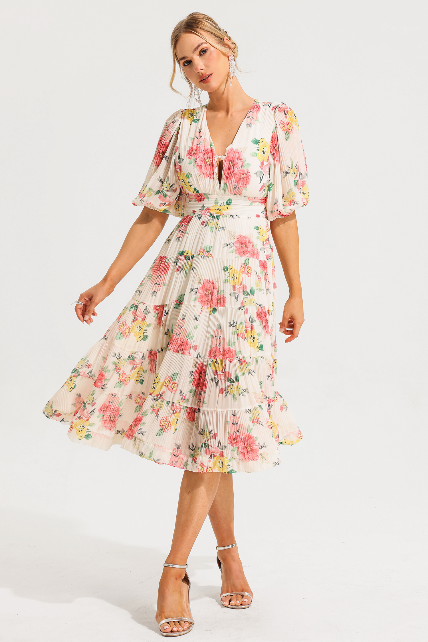 Floral Puff-Sleeve Pleat Midi Dress
