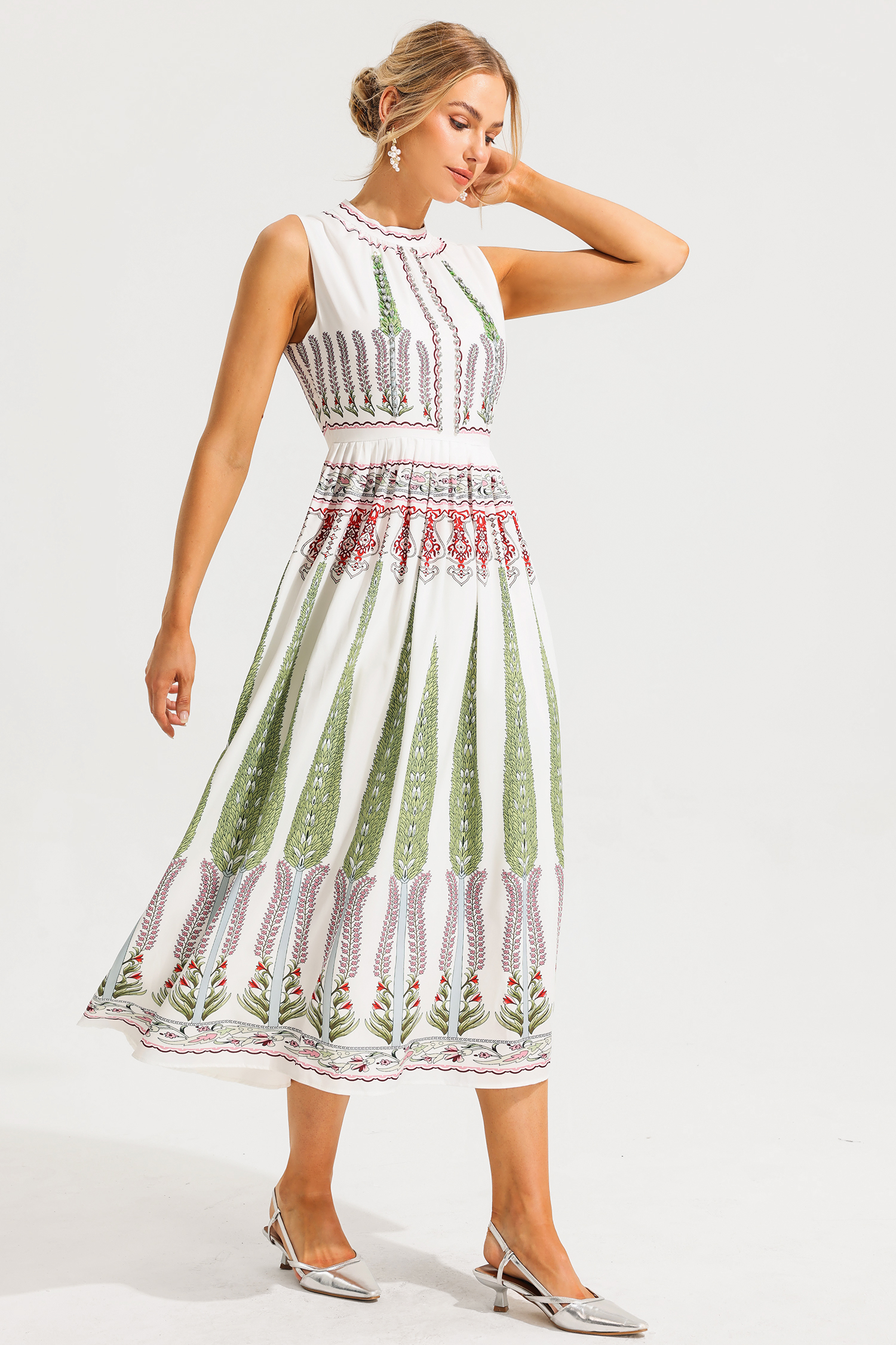 Floral Rhinestone Sleeveless Midi Dress