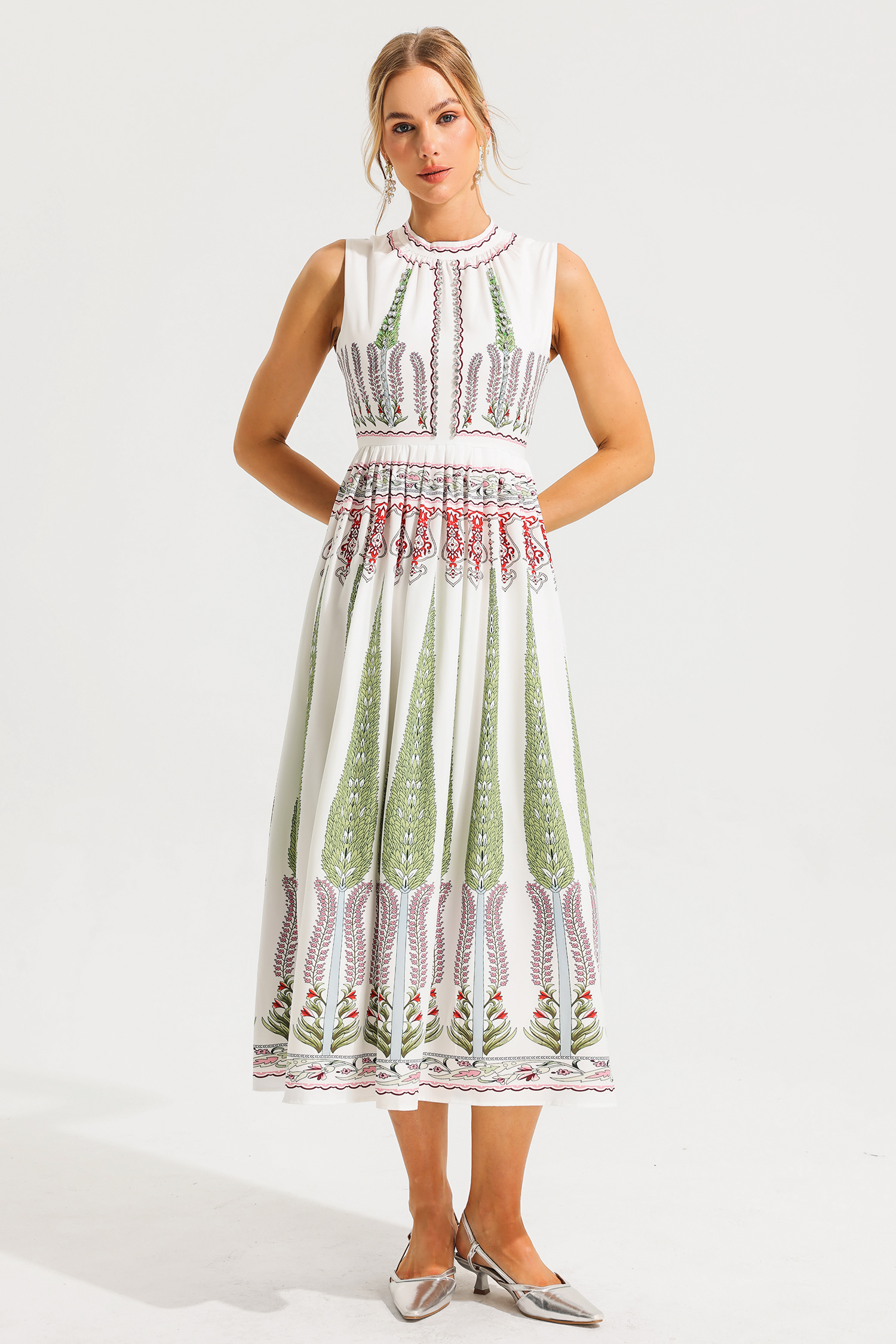 Floral Rhinestone Sleeveless Midi Dress