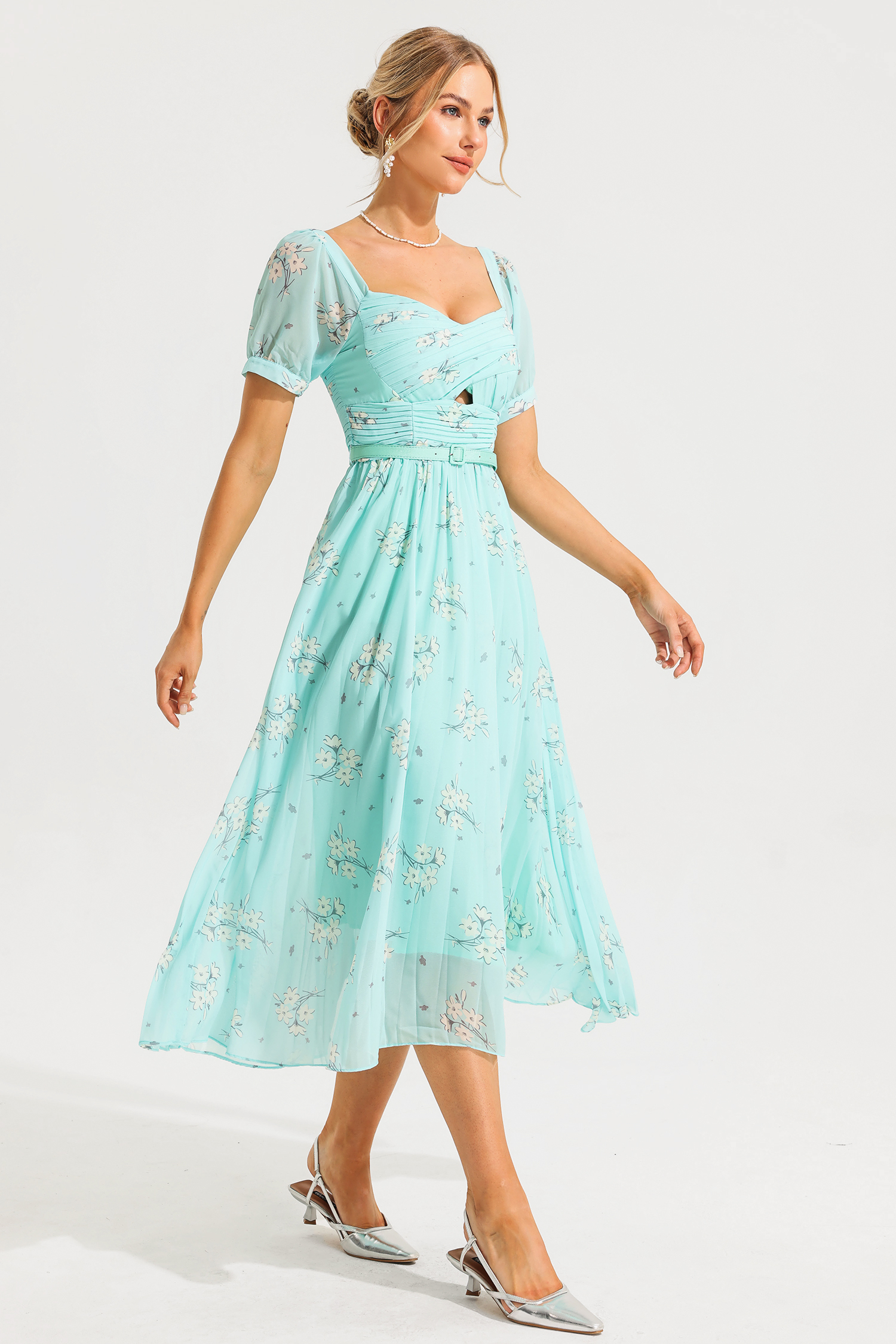 Square Collar Pleated Midi Dress With Belt