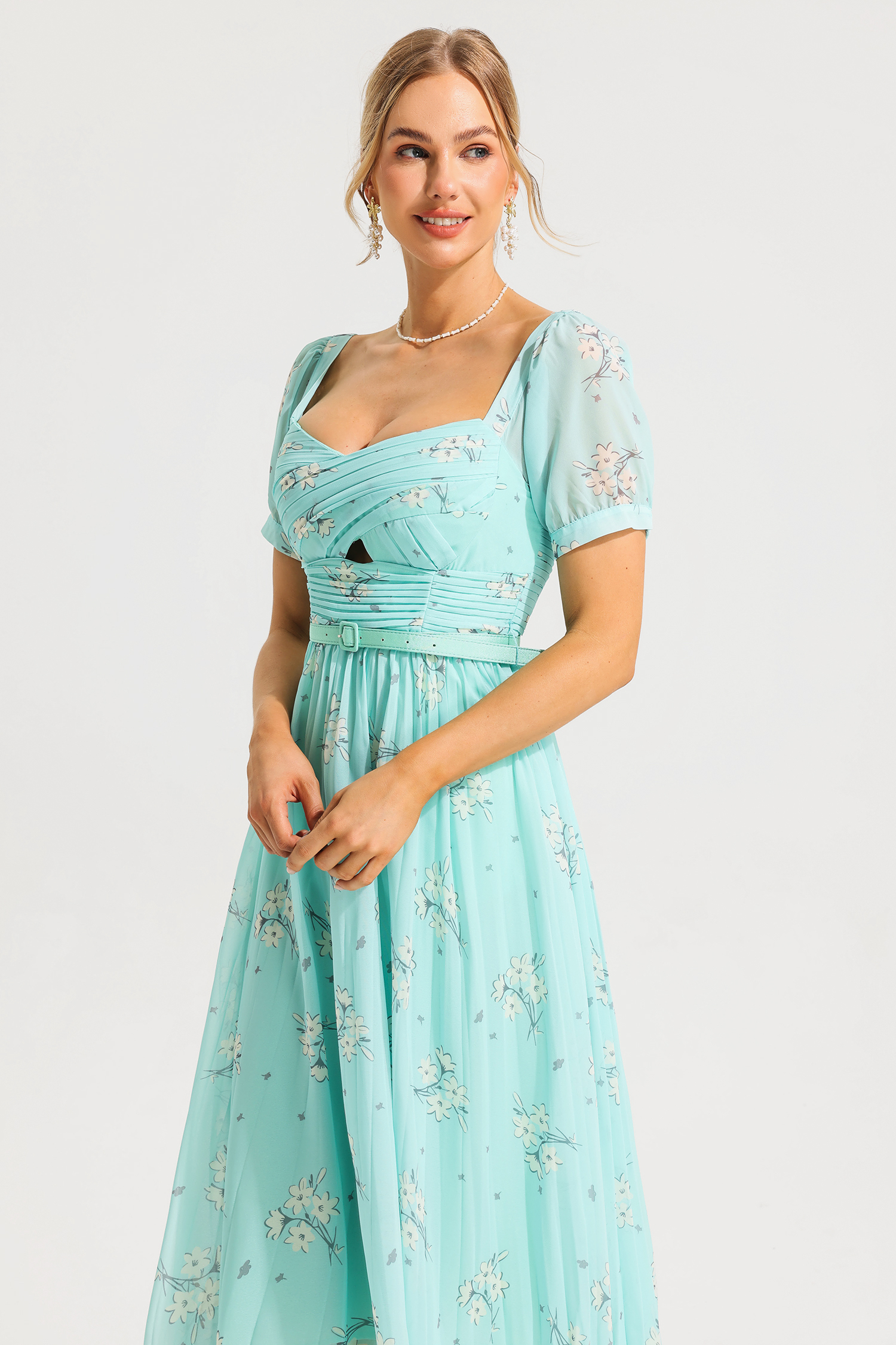 Square Collar Pleated Midi Dress With Belt