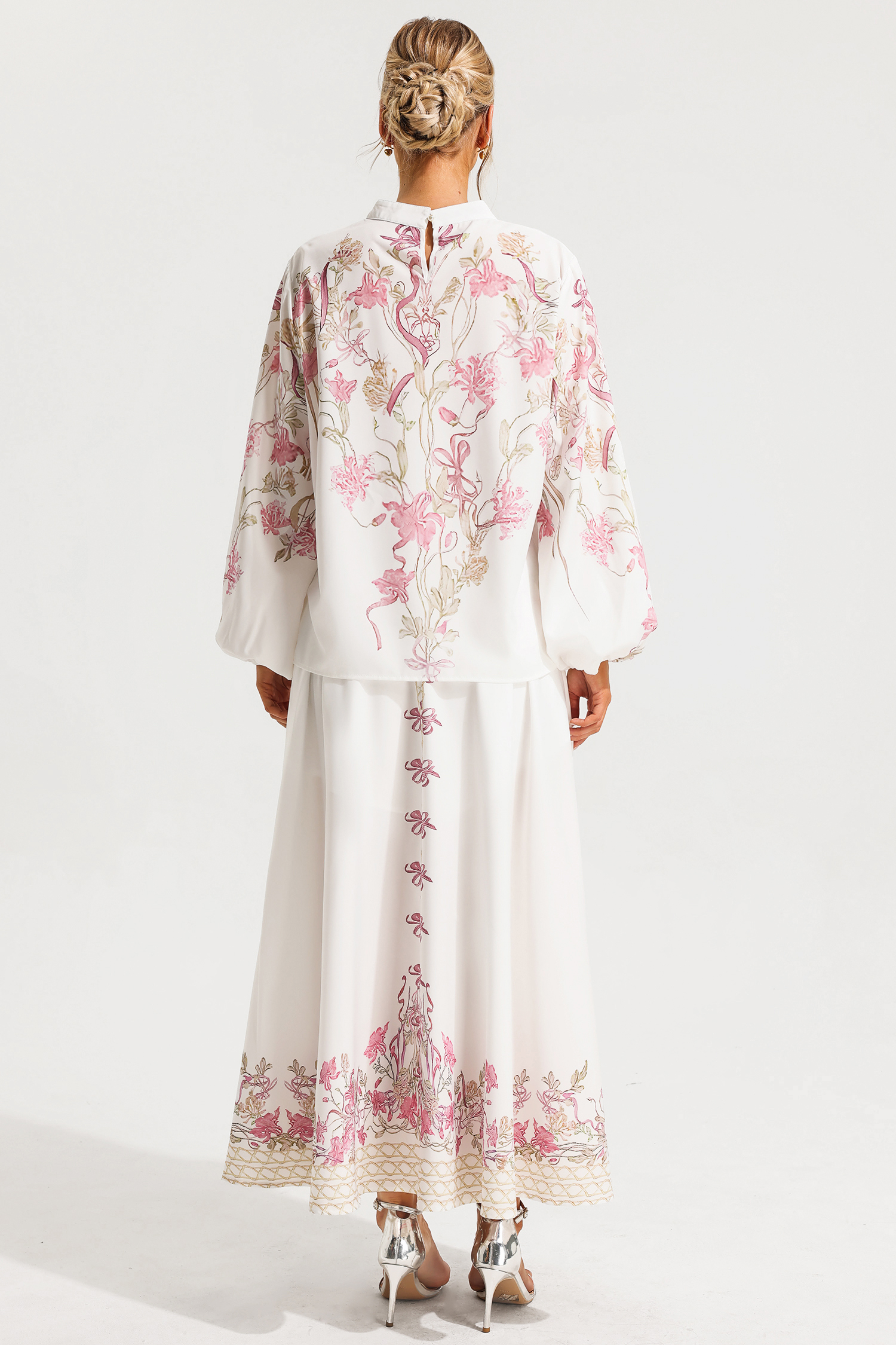 Floral Puff Sleeve Top ＆ Bow Floral High Waist Maxi Skirt Set
