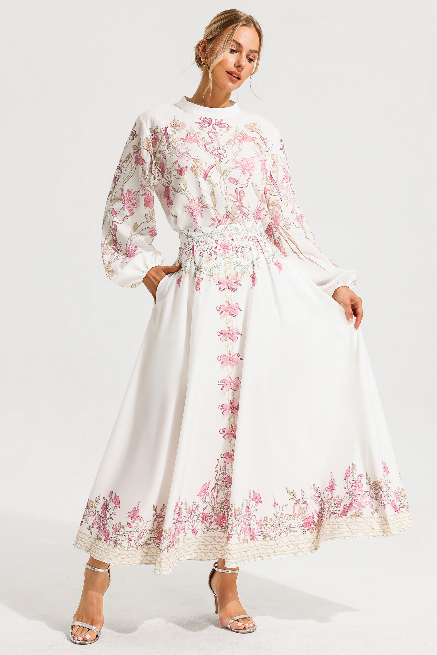 Floral Puff Sleeve Top ＆ Bow Floral High Waist Maxi Skirt Set