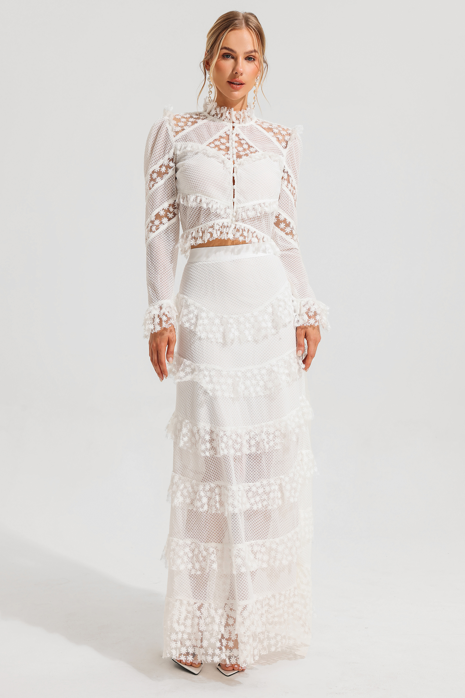 Embroidered Ball Sleeve Top ＆ Embroidered Ruffle Mid Waist Maxi Skirt Set