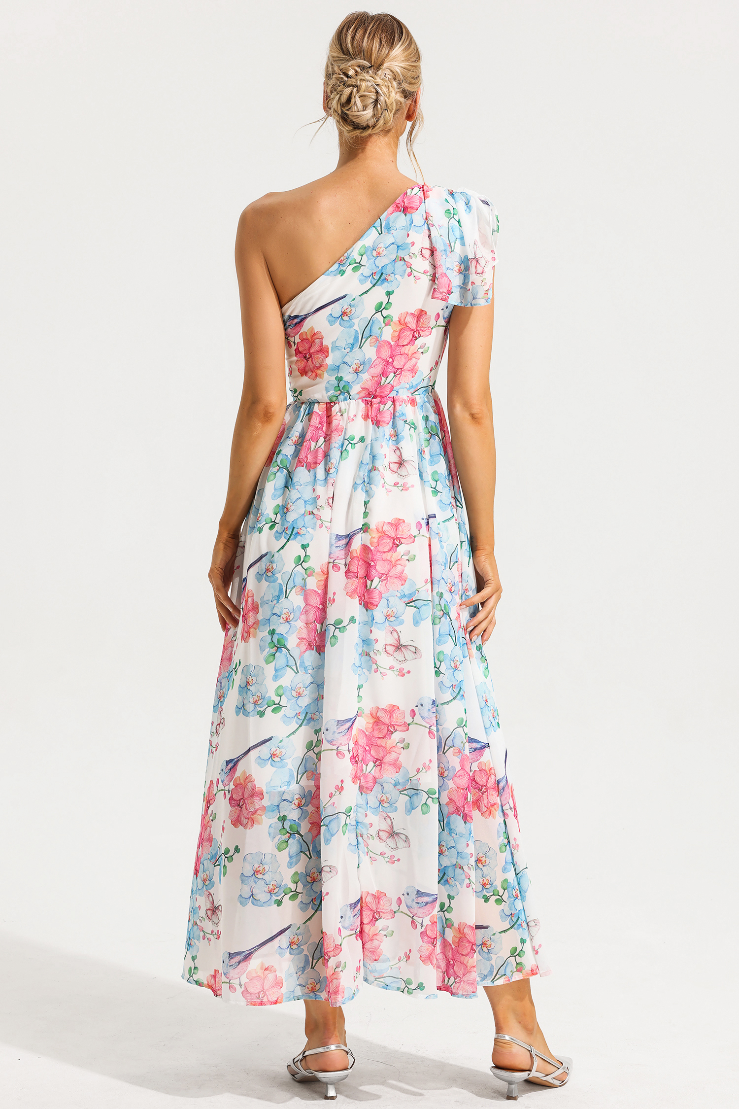 Floral One Shoulder Split Midi Dress